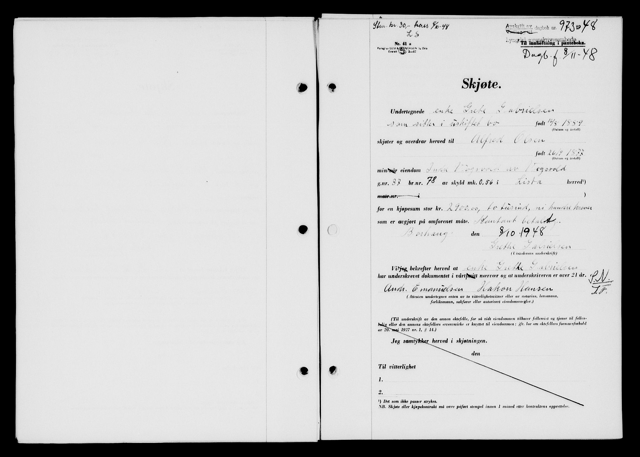 Lyngdal sorenskriveri, AV/SAK-1221-0004/G/Gb/L0663: Mortgage book no. A IX, 1948-1949, Diary no: : 973/1948