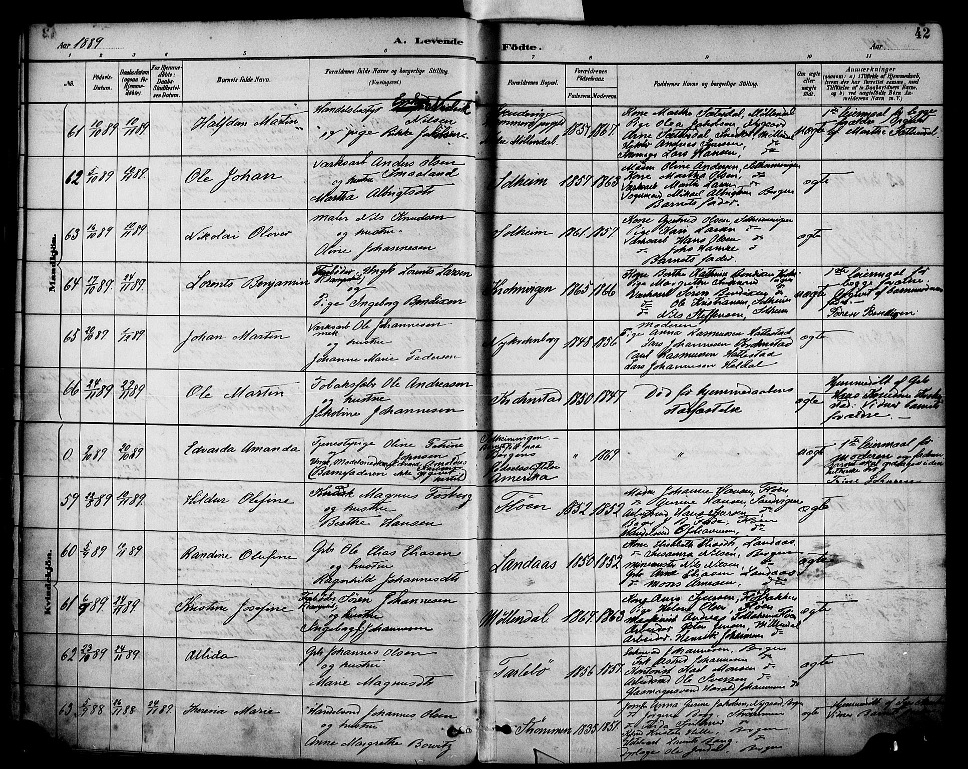 Årstad Sokneprestembete, AV/SAB-A-79301/H/Haa/L0001: Parish register (official) no. A 1, 1886-1901, p. 42