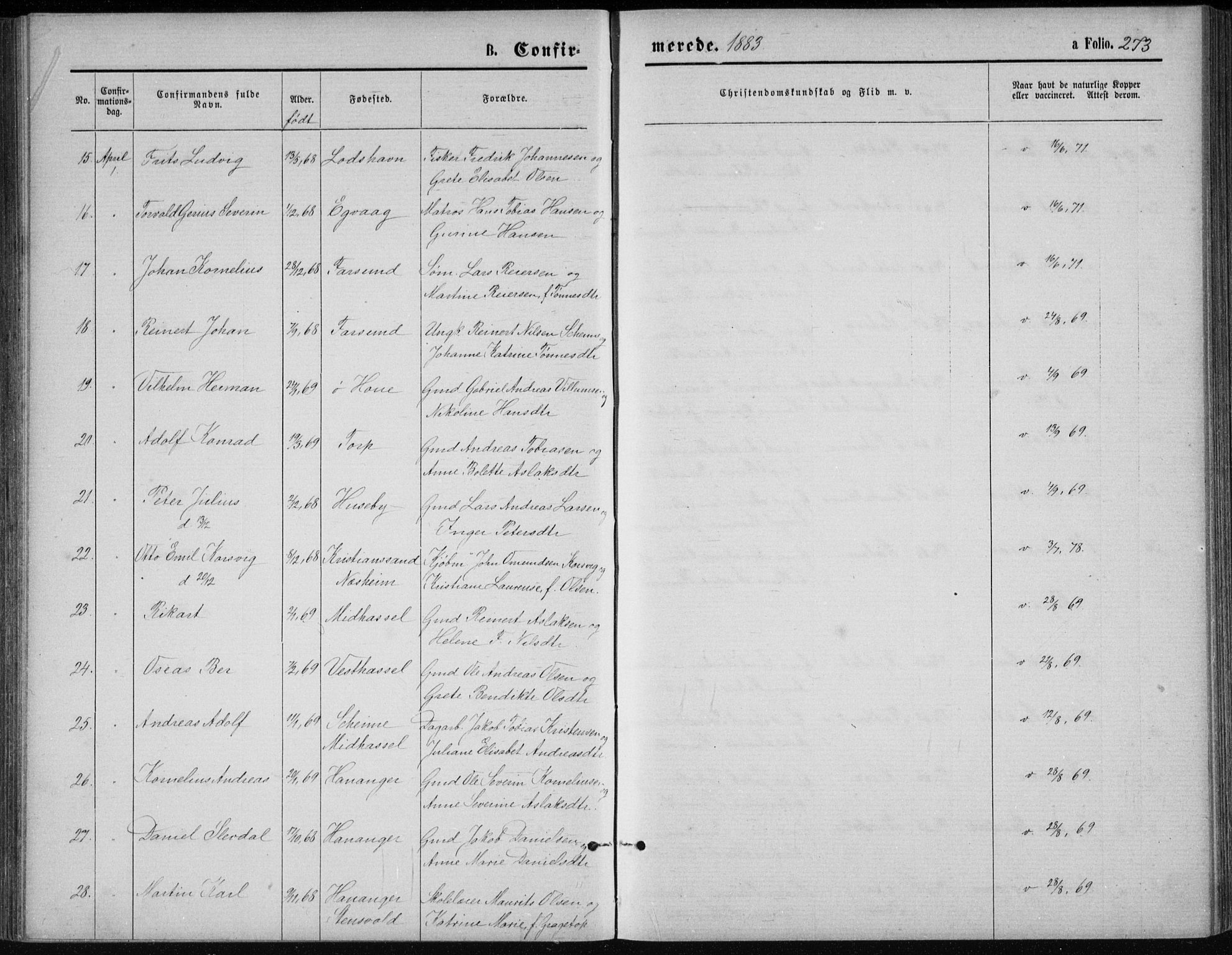 Lista sokneprestkontor, AV/SAK-1111-0027/F/Fb/L0004: Parish register (copy) no. B 4, 1877-1891, p. 273