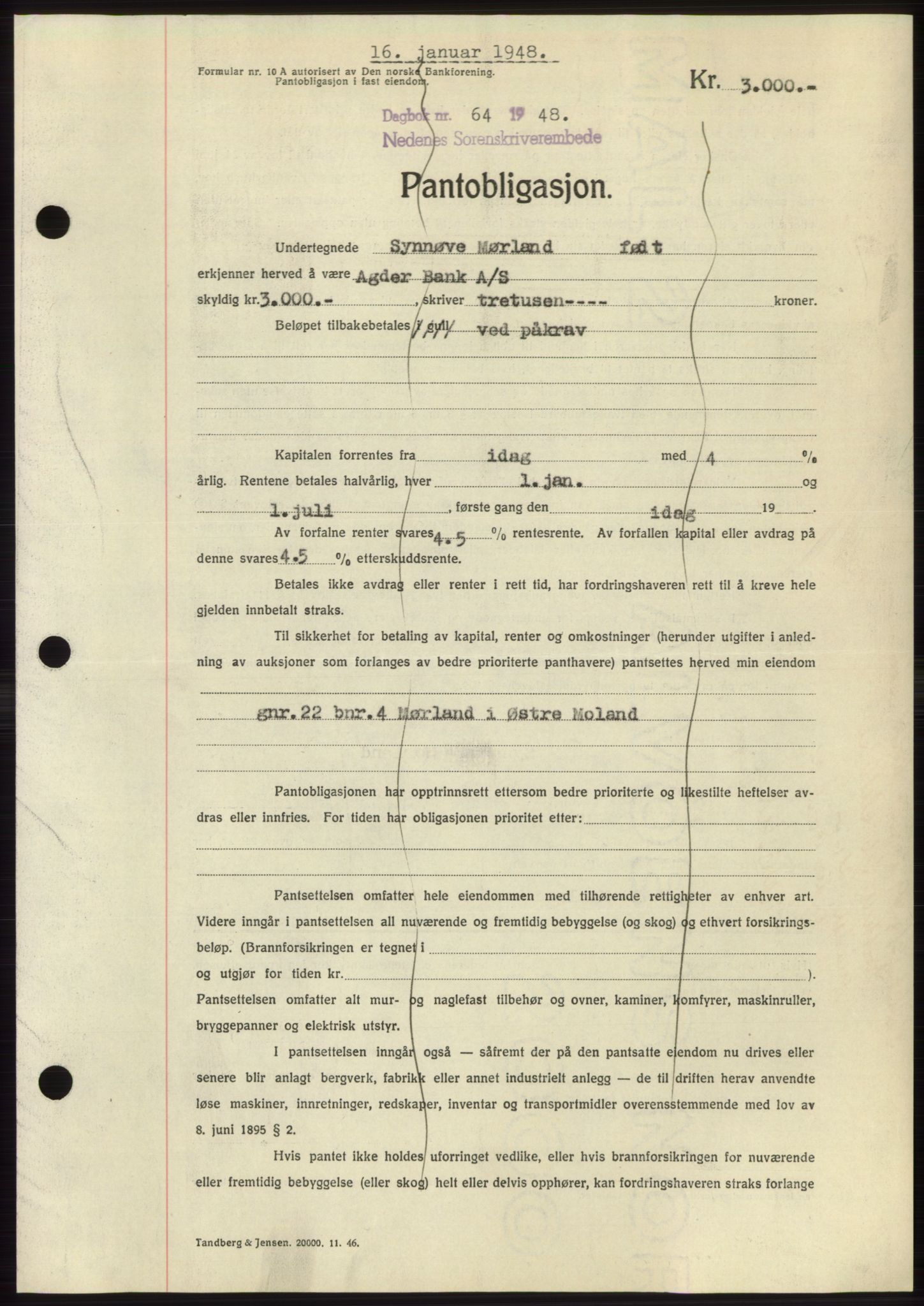 Nedenes sorenskriveri, AV/SAK-1221-0006/G/Gb/Gbb/L0005: Mortgage book no. B5, 1948-1948, Diary no: : 64/1948