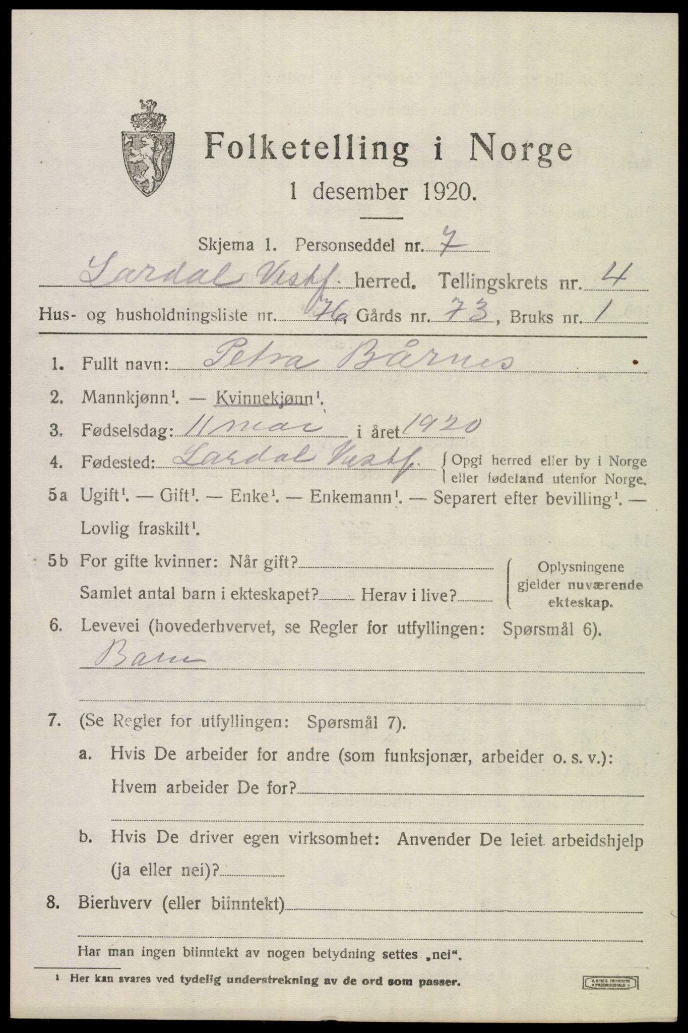 SAKO, 1920 census for Lardal, 1920, p. 4399