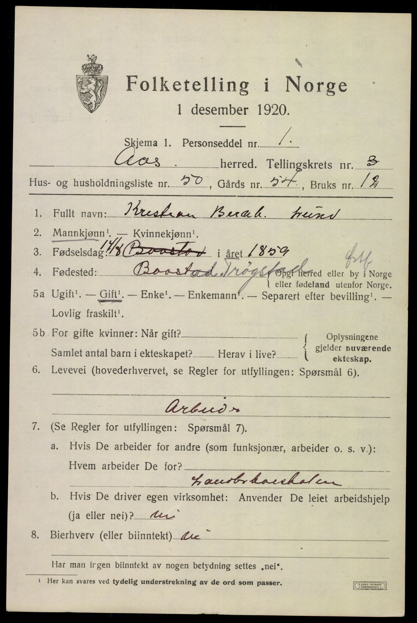 SAO, 1920 census for Ås, 1920, p. 4296