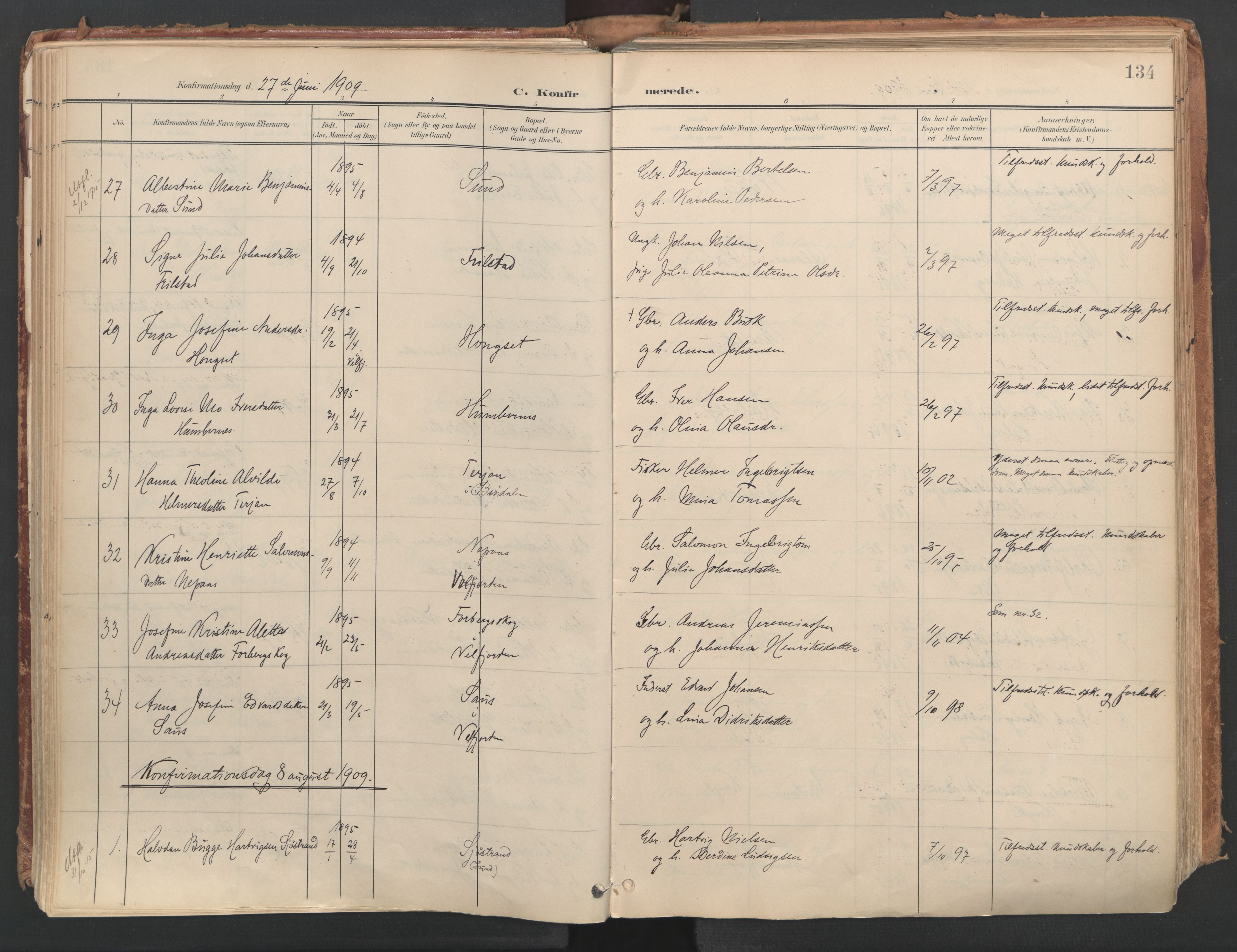 Ministerialprotokoller, klokkerbøker og fødselsregistre - Nordland, AV/SAT-A-1459/812/L0180: Parish register (official) no. 812A09, 1901-1915, p. 134