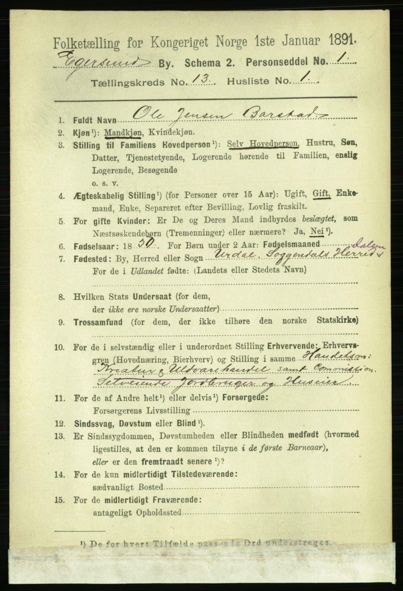 RA, 1891 census for 1101 Egersund, 1891, p. 2355