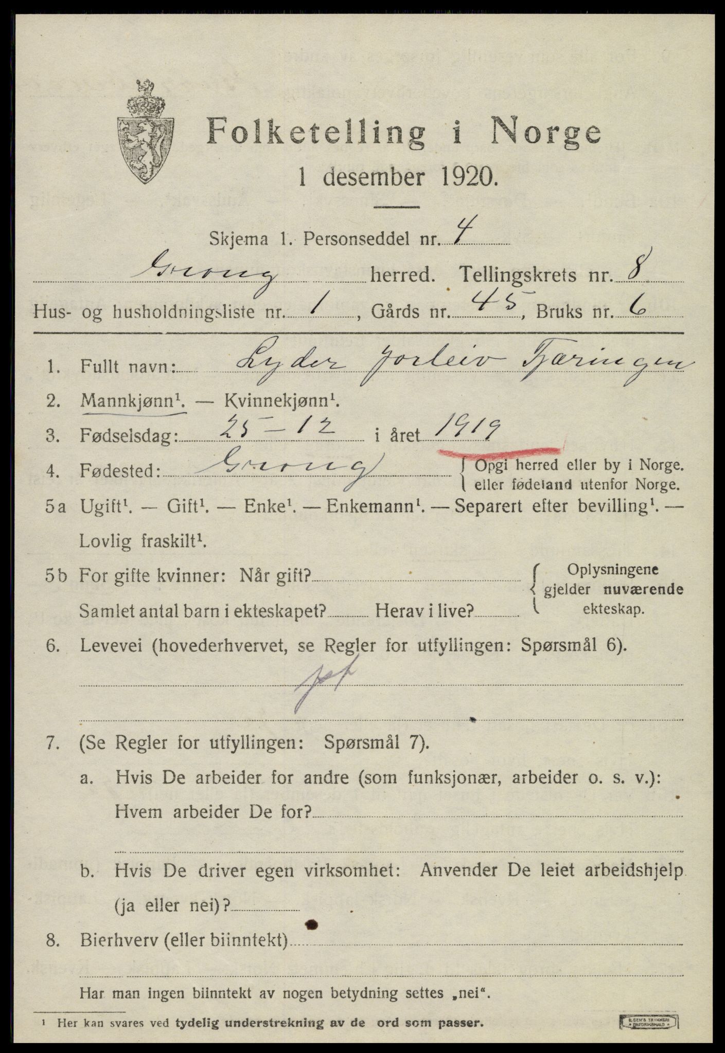 SAT, 1920 census for Grong, 1920, p. 4837