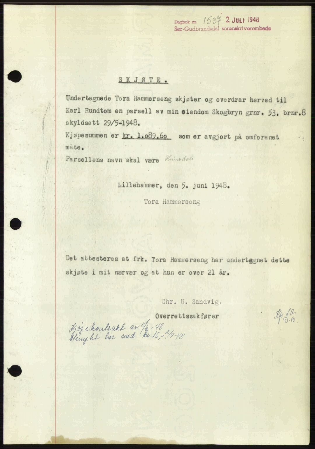 Sør-Gudbrandsdal tingrett, SAH/TING-004/H/Hb/Hbd/L0022: Mortgage book no. A22, 1948-1948, Diary no: : 1537/1948