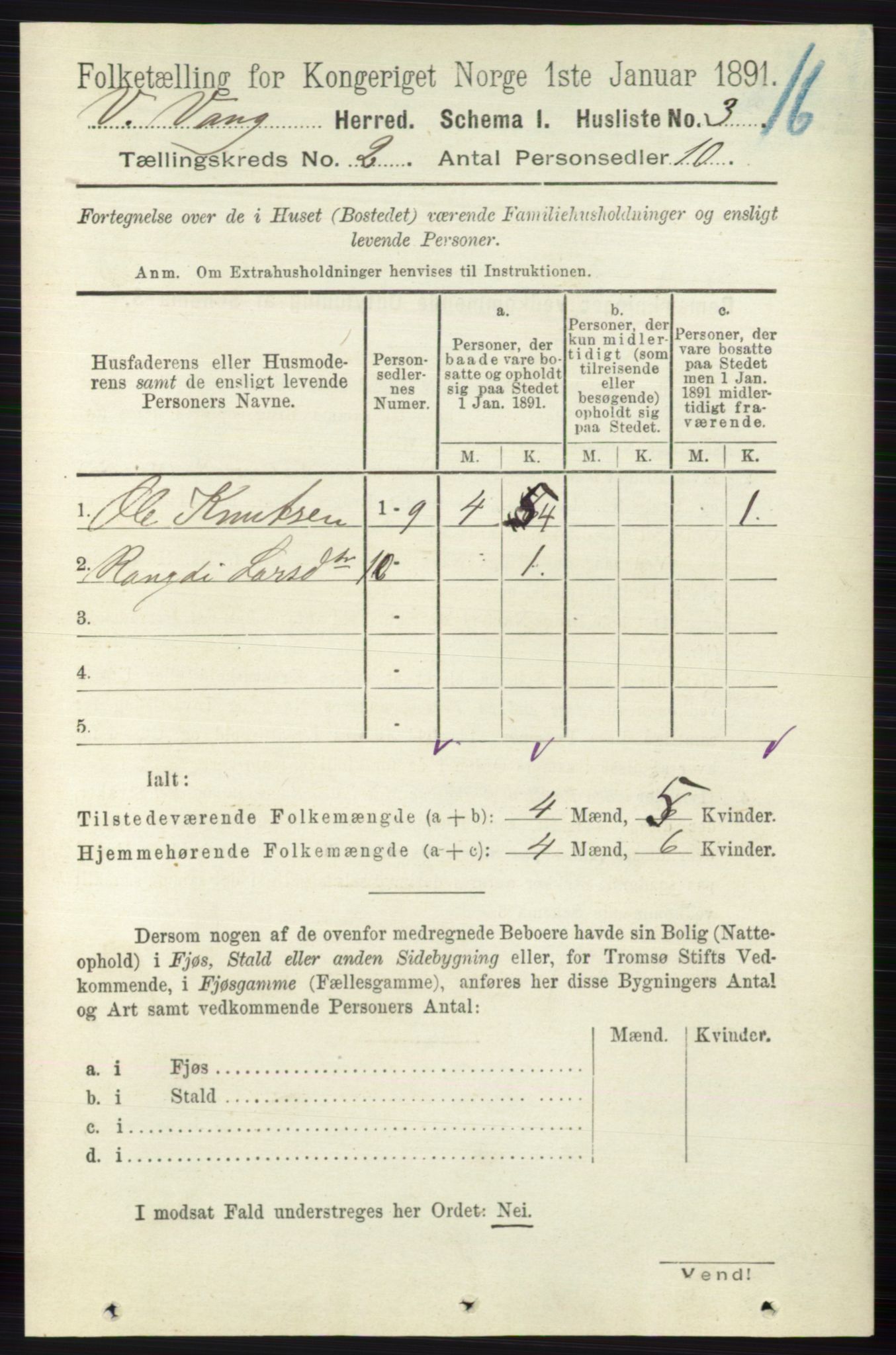 RA, 1891 census for 0545 Vang, 1891, p. 350