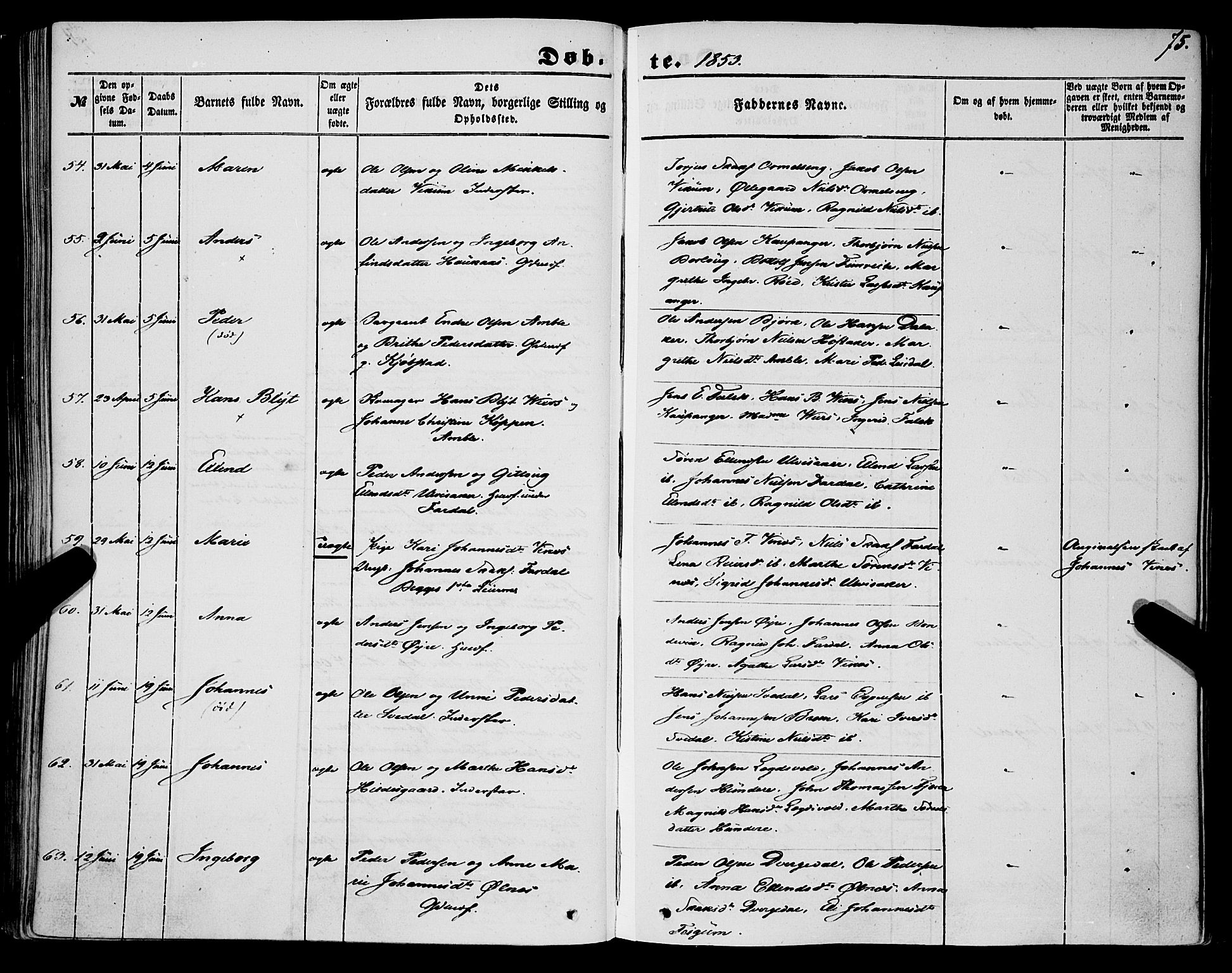 Sogndal sokneprestembete, AV/SAB-A-81301/H/Haa/Haaa/L0012I: Parish register (official) no. A 12I, 1847-1859, p. 75