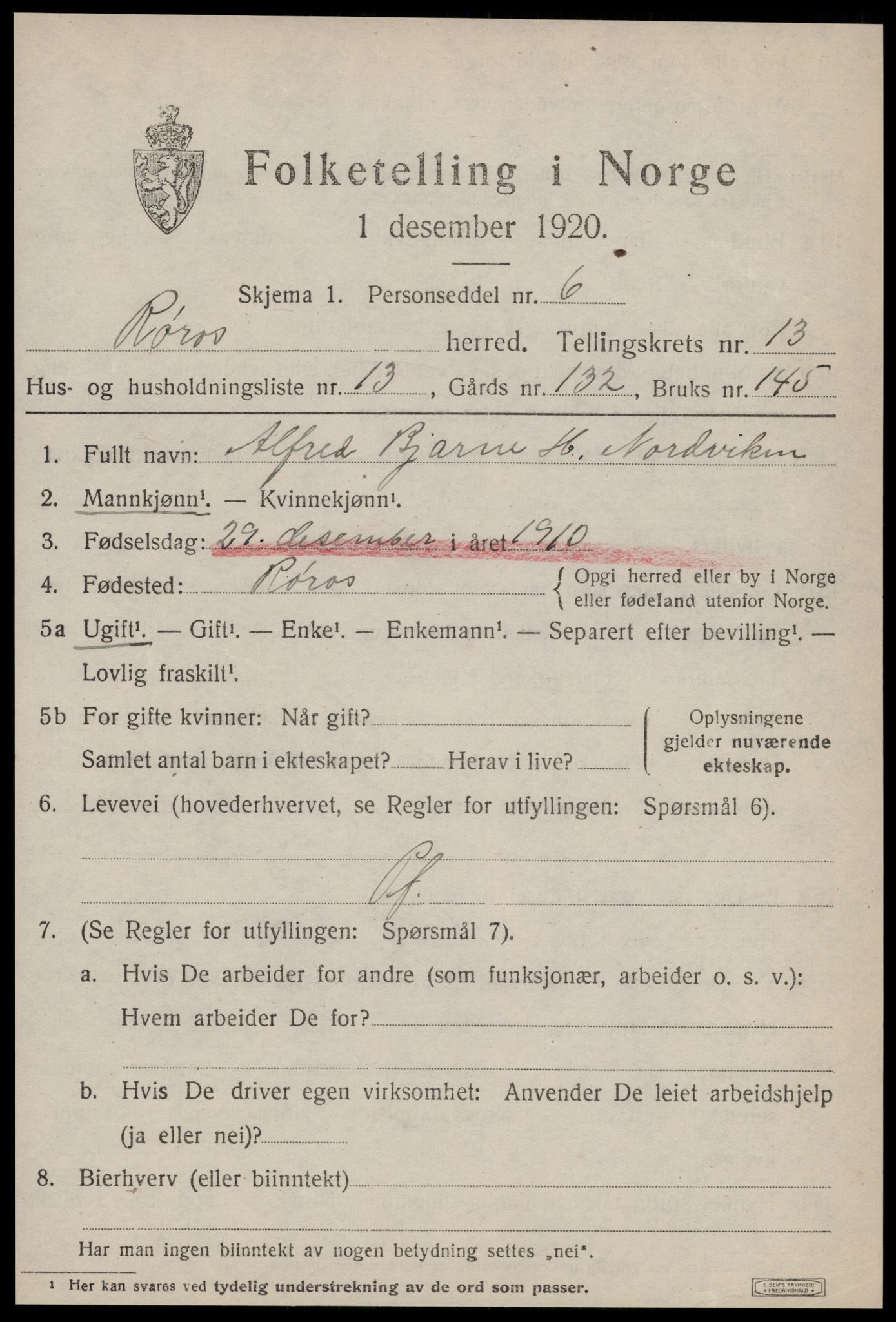 SAT, 1920 census for Røros, 1920, p. 9562