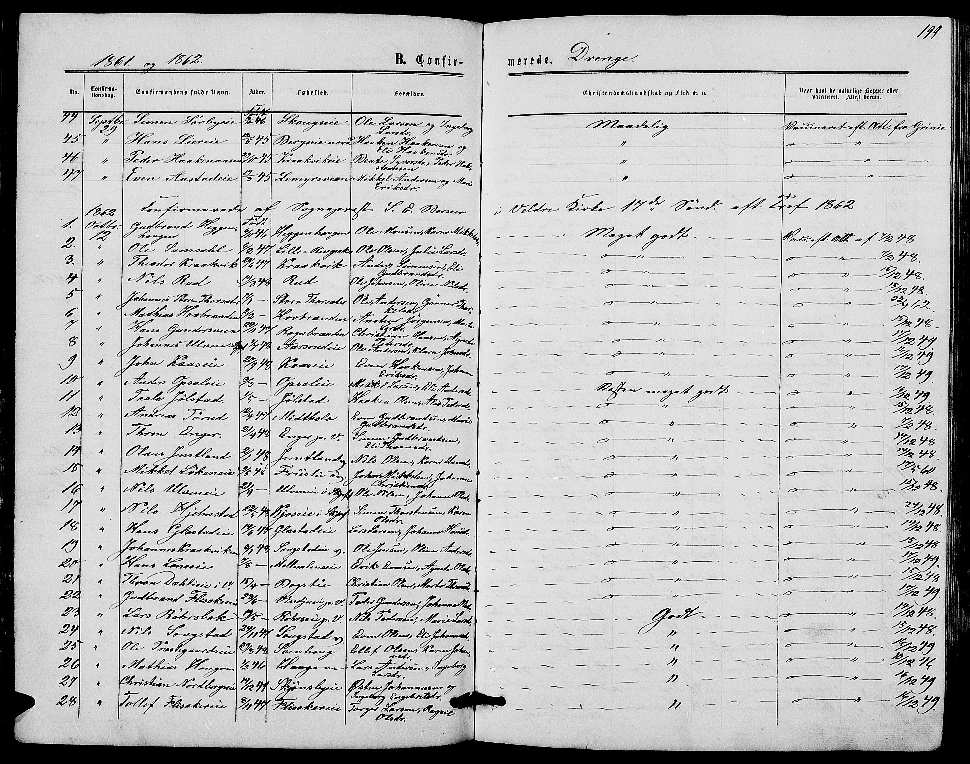 Ringsaker prestekontor, AV/SAH-PREST-014/L/La/L0007: Parish register (copy) no. 7, 1861-1869, p. 199