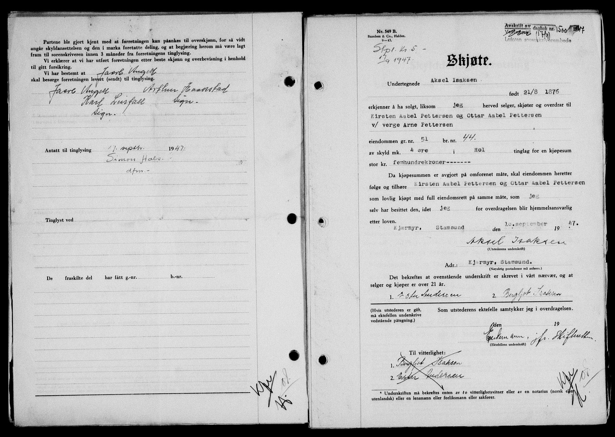Lofoten sorenskriveri, SAT/A-0017/1/2/2C/L0016a: Mortgage book no. 16a, 1947-1947, Diary no: : 1500/1947