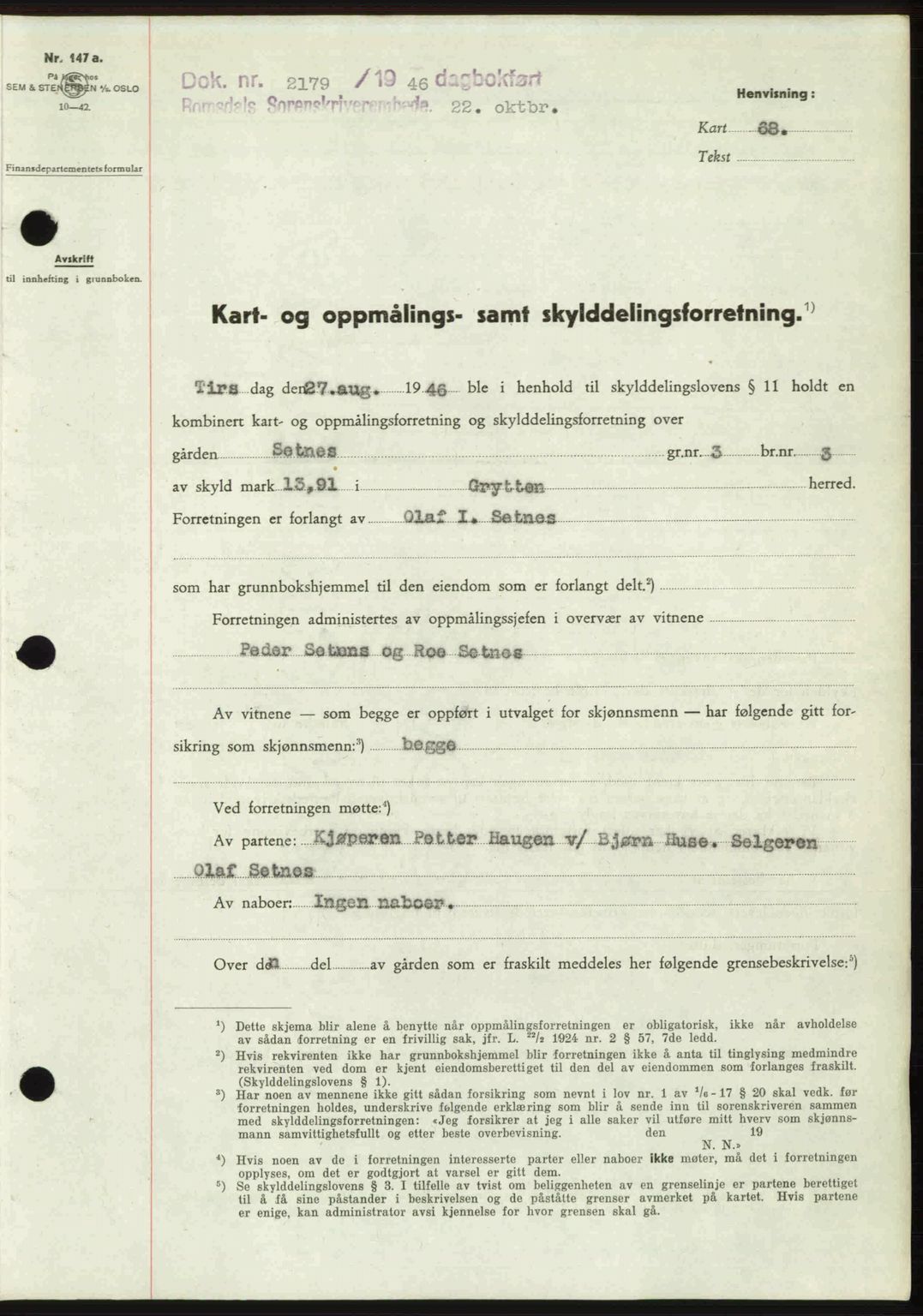 Romsdal sorenskriveri, AV/SAT-A-4149/1/2/2C: Mortgage book no. A21, 1946-1946, Diary no: : 2179/1946