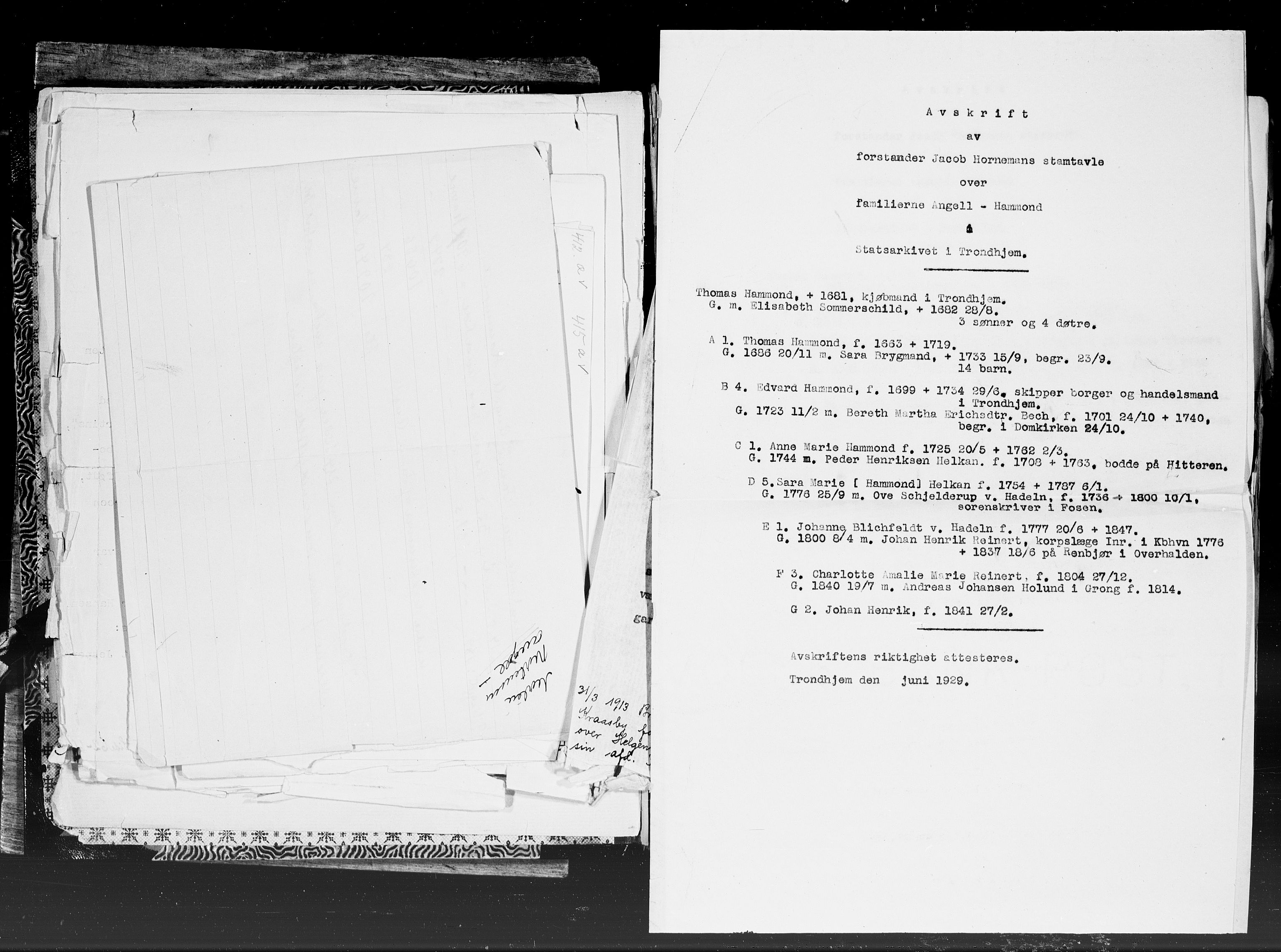 Hornemans samlinger, SAT/PA-X/A/L0013a: Angell  - Hammond, 1600-1886
