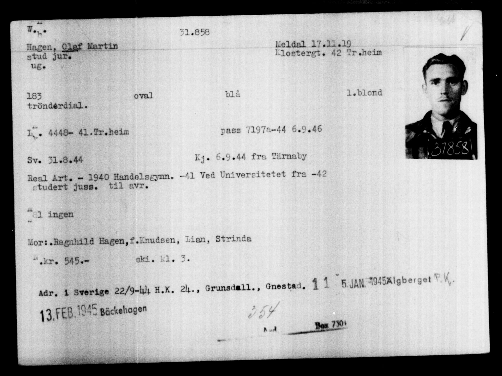 Utenriksstasjonene, Legasjonen i Stockholm, Flyktningkontoret, AV/RA-S-6753/V/Va/L0013: Kjesäterkartoteket, flyktninger med registreringsnr. 31500-34731, 1940-1945, p. 397