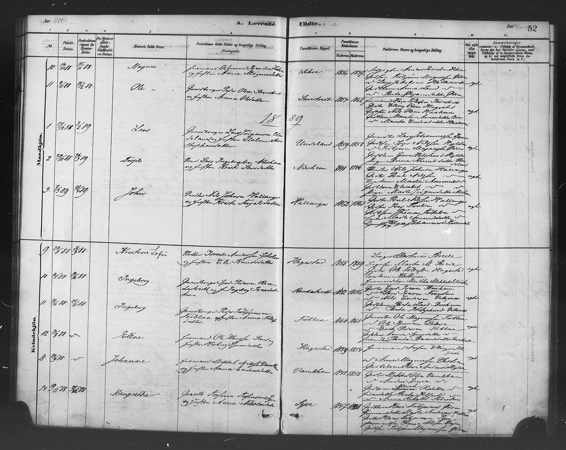 Ulvik sokneprestembete, SAB/A-78801/H/Haa: Parish register (official) no. B 1, 1878-1897, p. 52