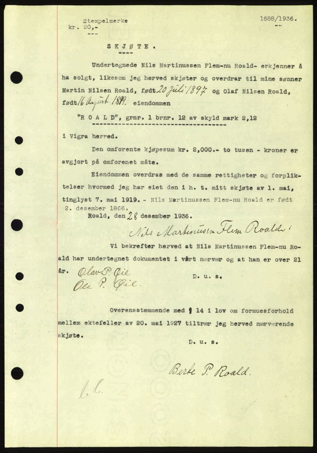 Nordre Sunnmøre sorenskriveri, AV/SAT-A-0006/1/2/2C/2Ca: Mortgage book no. A2, 1936-1937, Diary no: : 1688/1936