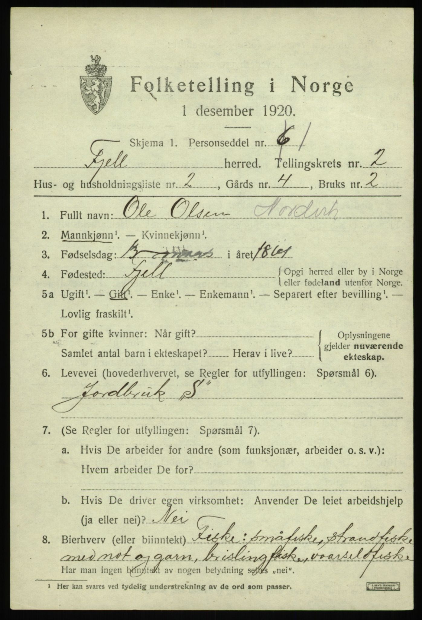 SAB, 1920 census for Fjell, 1920, p. 2262