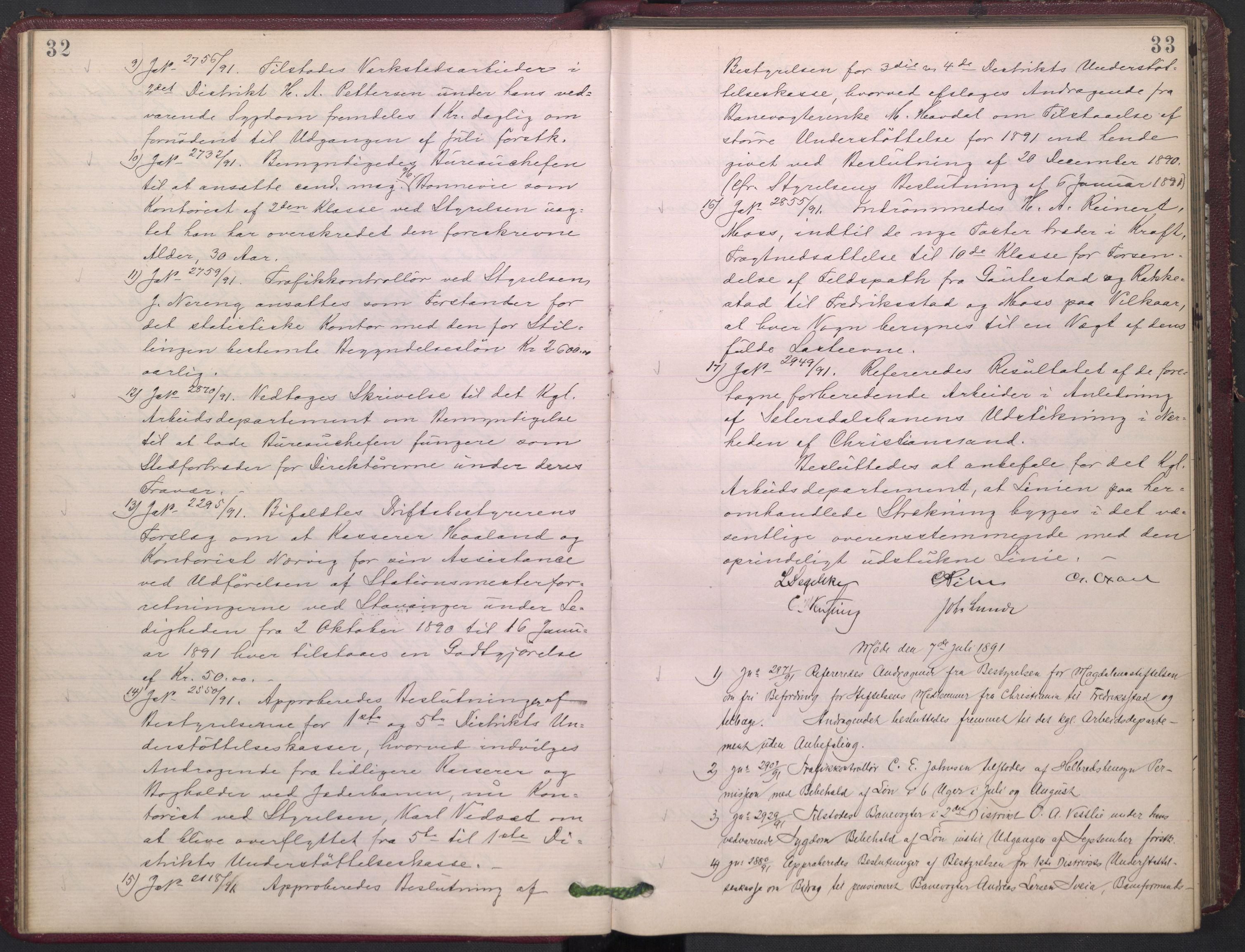 Norges statsbaner, Administrasjons- økonomi- og personalavdelingen, AV/RA-S-3412/A/Aa/L0002: Forhandlingsprotokoll, 1891-1893, p. 32-33