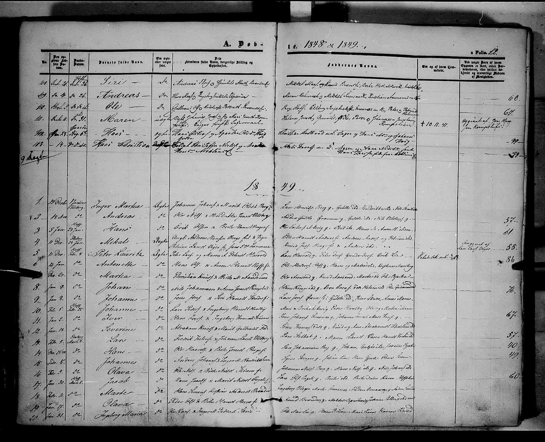 Land prestekontor, SAH/PREST-120/H/Ha/Haa/L0009: Parish register (official) no. 9, 1847-1859, p. 12