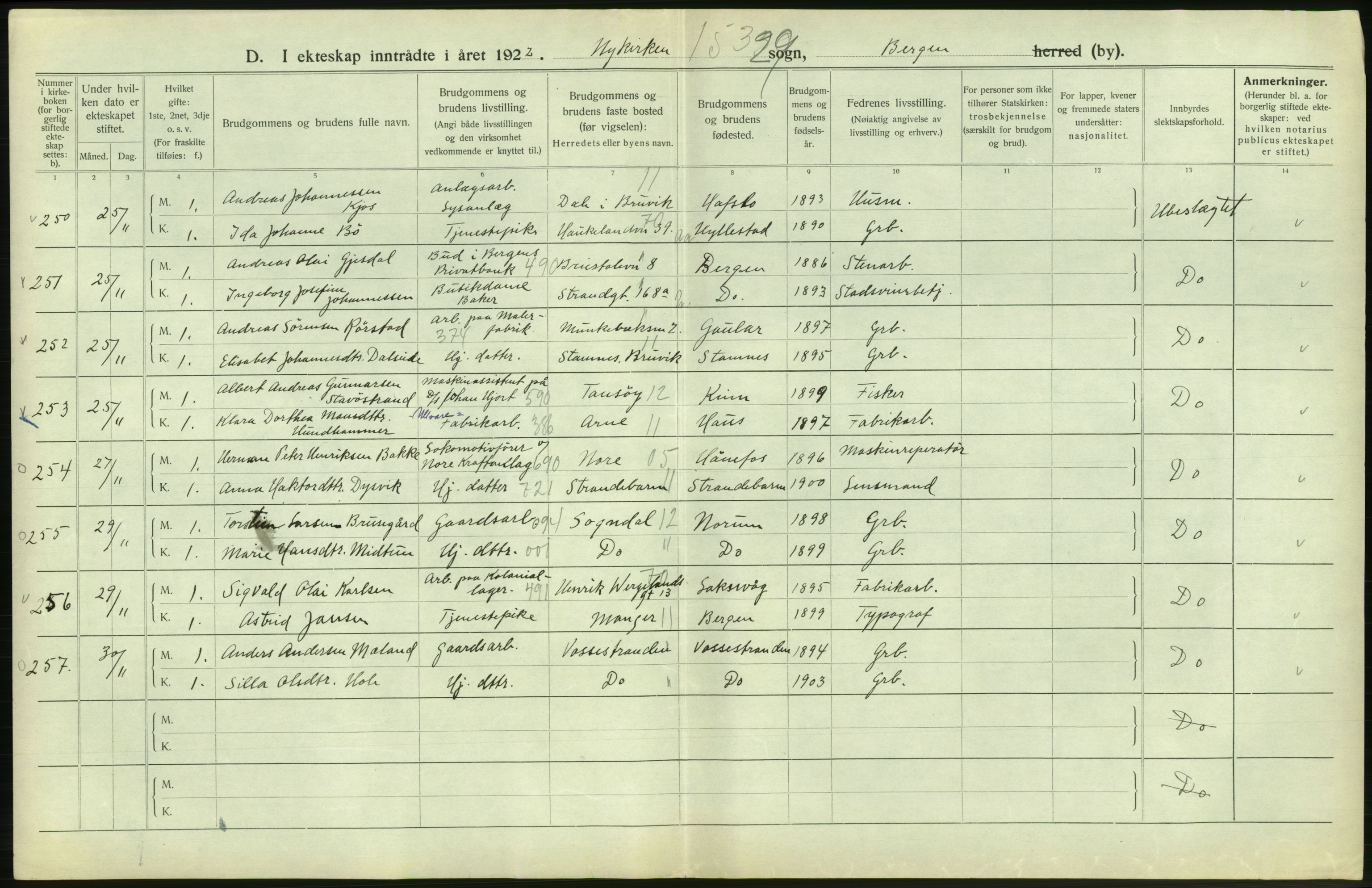 Statistisk sentralbyrå, Sosiodemografiske emner, Befolkning, AV/RA-S-2228/D/Df/Dfc/Dfcb/L0030: Bergen: Gifte, døde, dødfødte., 1922, p. 172