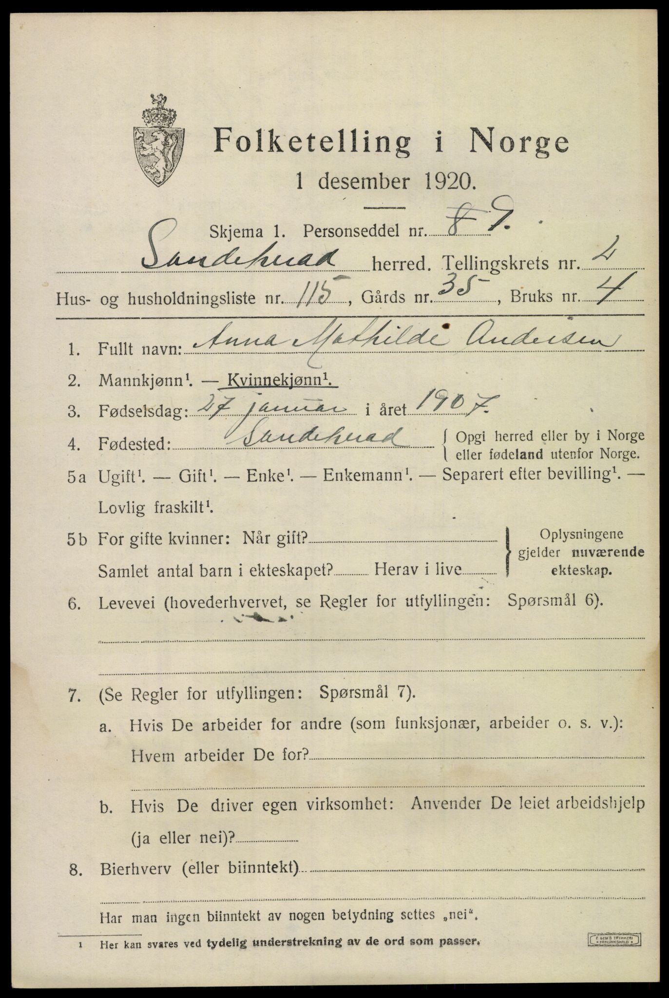 SAKO, 1920 census for Sandeherred, 1920, p. 5222
