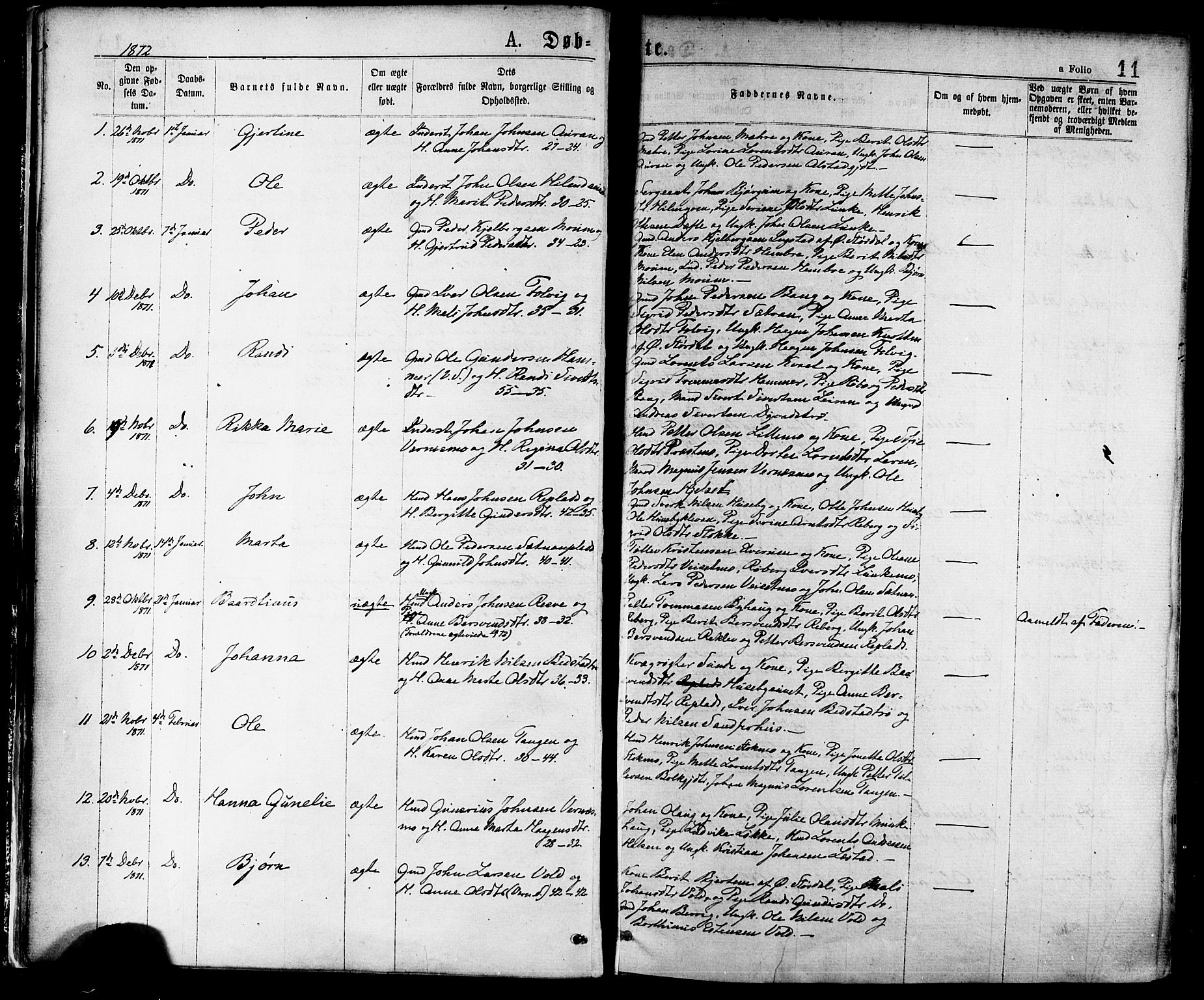 Ministerialprotokoller, klokkerbøker og fødselsregistre - Nord-Trøndelag, SAT/A-1458/709/L0076: Parish register (official) no. 709A16, 1871-1879, p. 11