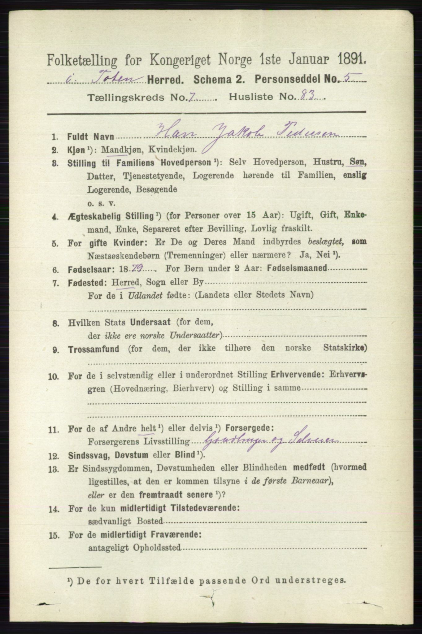 RA, 1891 census for 0528 Østre Toten, 1891, p. 4920