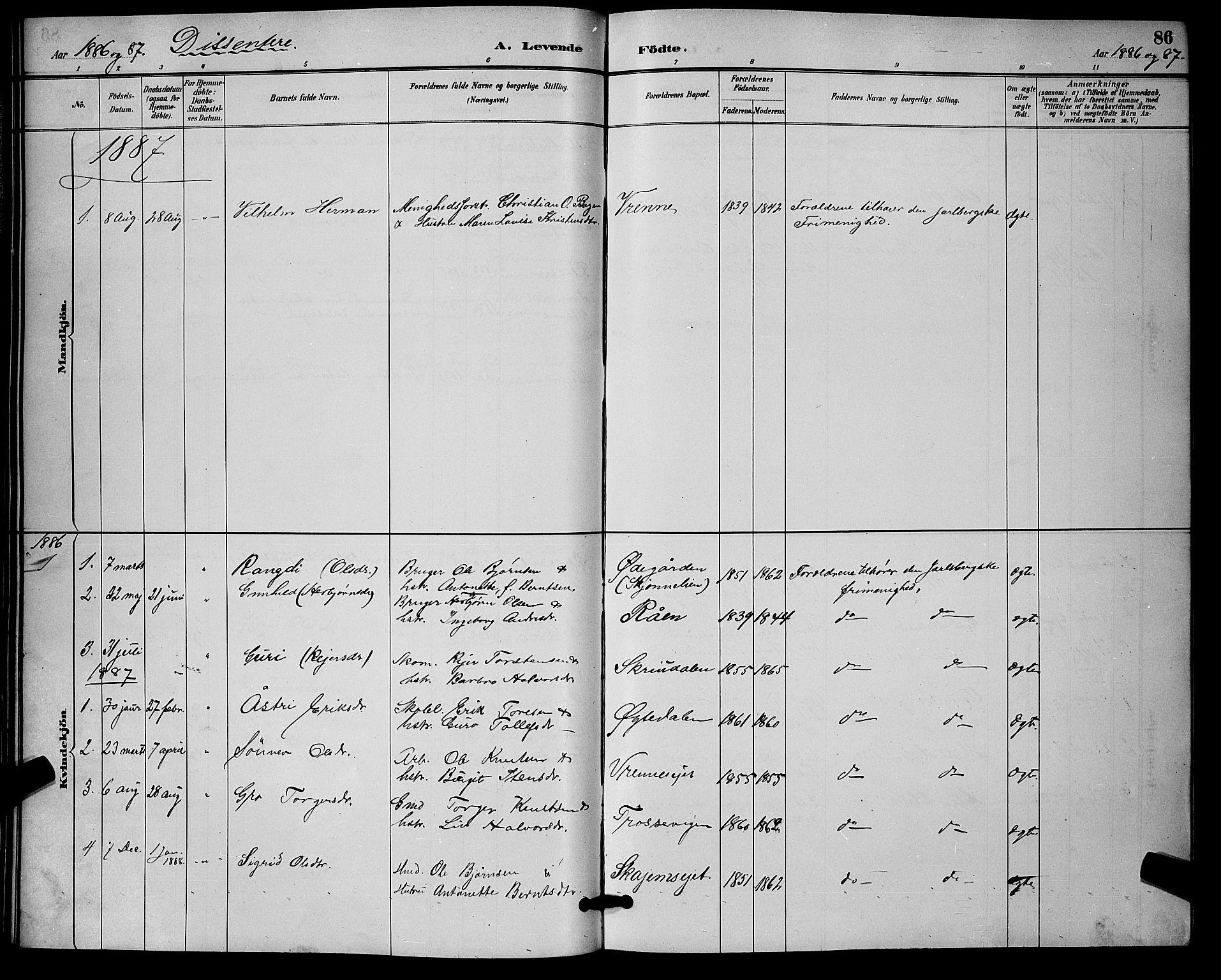 Nore kirkebøker, SAKO/A-238/G/Ga/L0003: Parish register (copy) no. I 3, 1886-1903, p. 86