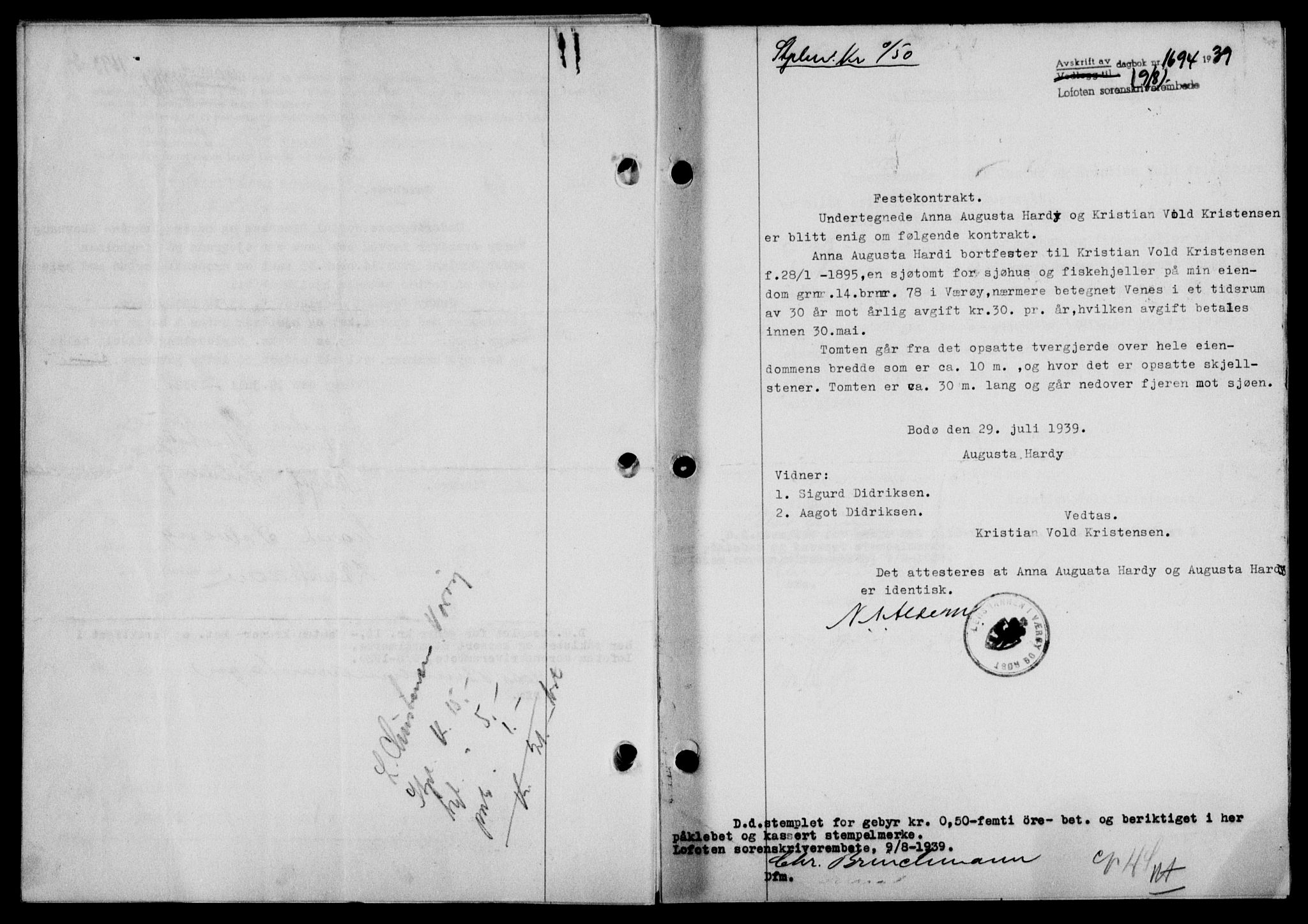 Lofoten sorenskriveri, SAT/A-0017/1/2/2C/L0006a: Mortgage book no. 6a, 1939-1939, Diary no: : 1694/1939