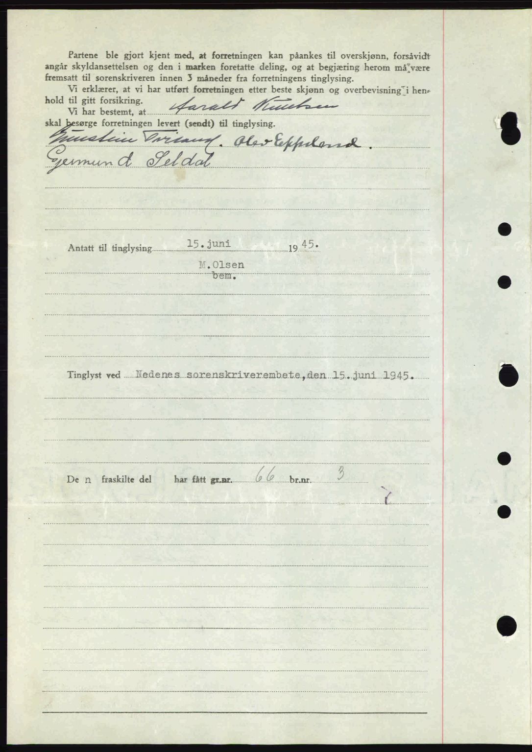 Nedenes sorenskriveri, AV/SAK-1221-0006/G/Gb/Gba/L0052: Mortgage book no. A6a, 1944-1945, Diary no: : 434/1945