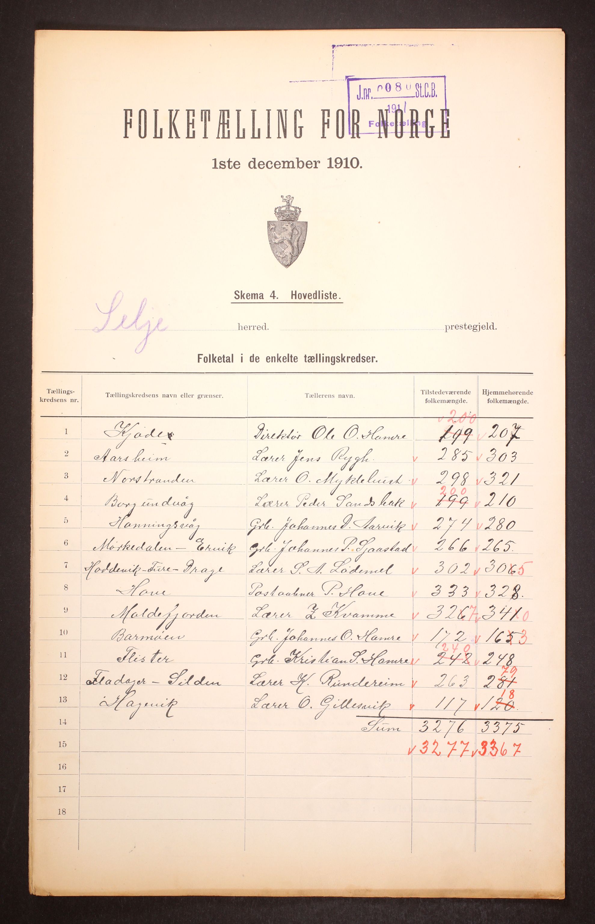 RA, 1910 census for Selje, 1910, p. 2