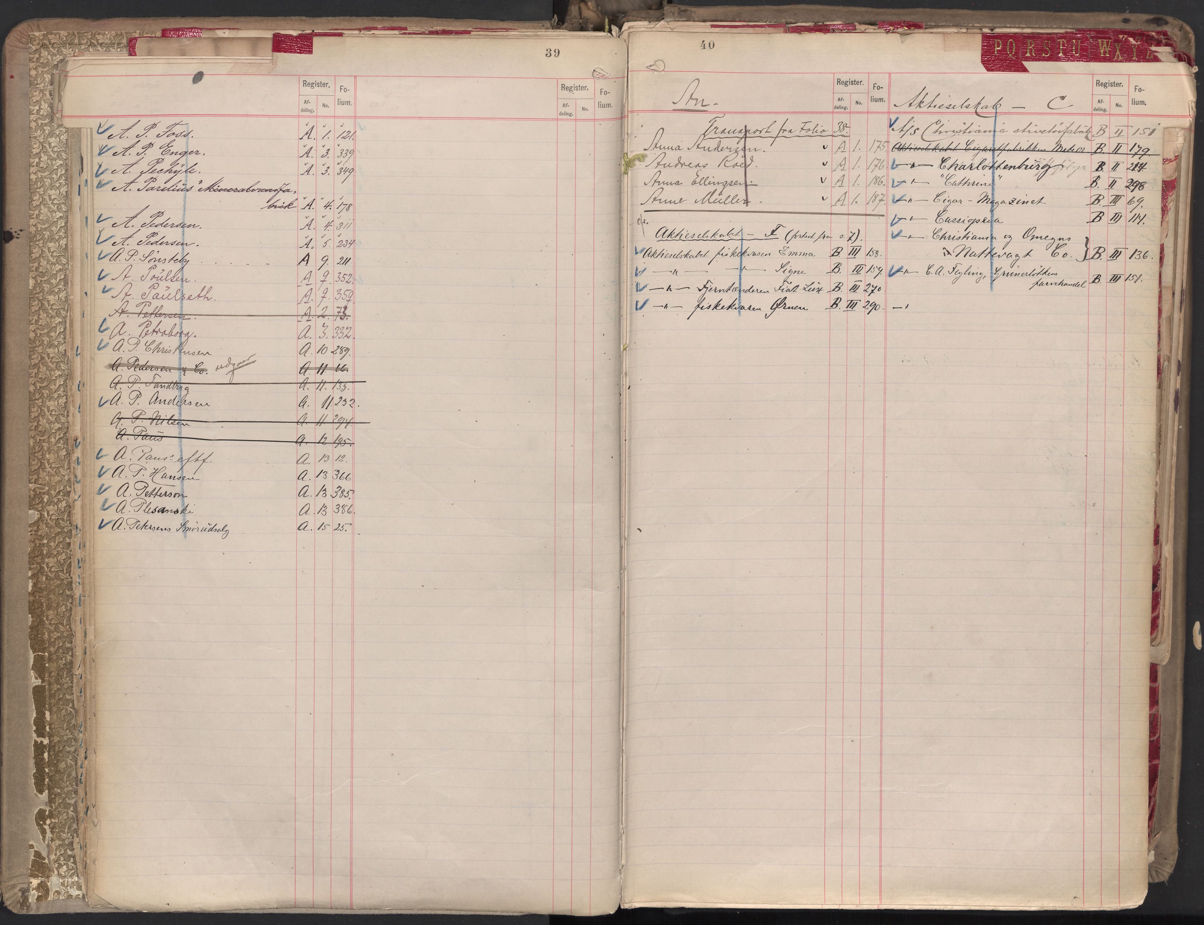 Oslo byfogd avd. II, AV/SAO-A-10942/G/Ga/Gaa/L0001: Firmaregister: A 1-15, B 1-4, C 1, 1890, p. 39-40