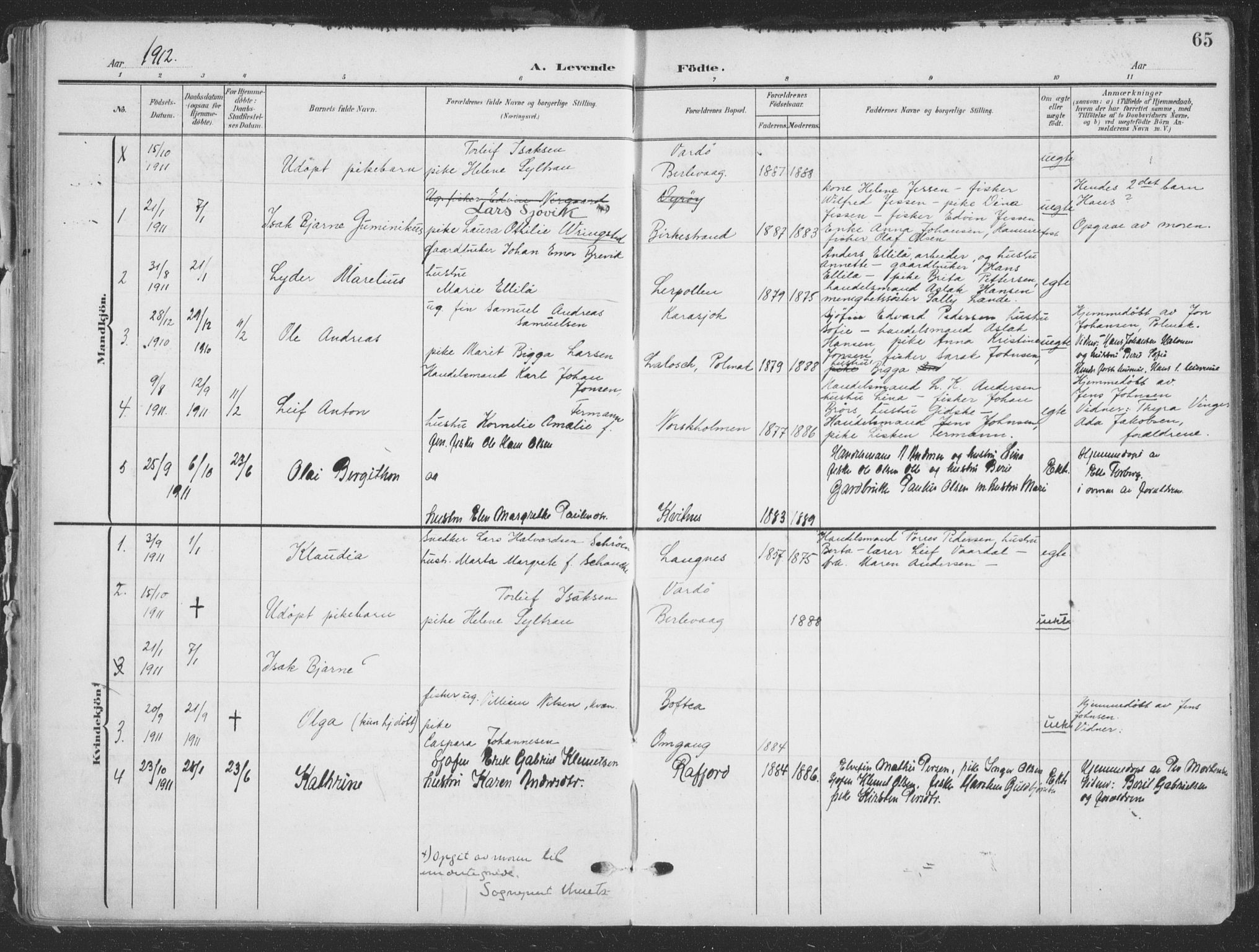 Tana sokneprestkontor, SATØ/S-1334/H/Ha/L0007kirke: Parish register (official) no. 7, 1904-1918, p. 65
