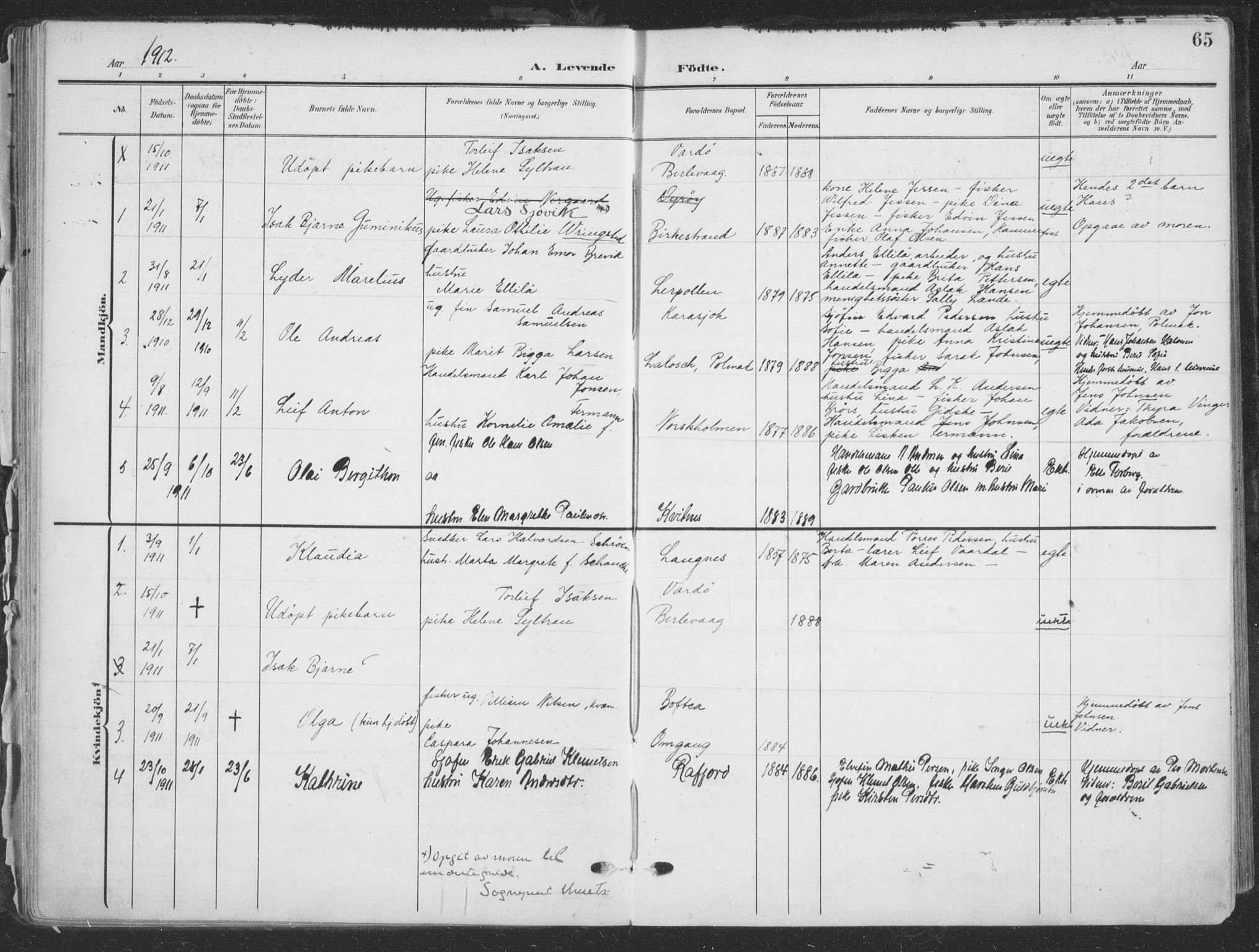 Tana sokneprestkontor, AV/SATØ-S-1334/H/Ha/L0007kirke: Parish register (official) no. 7, 1904-1918, p. 65