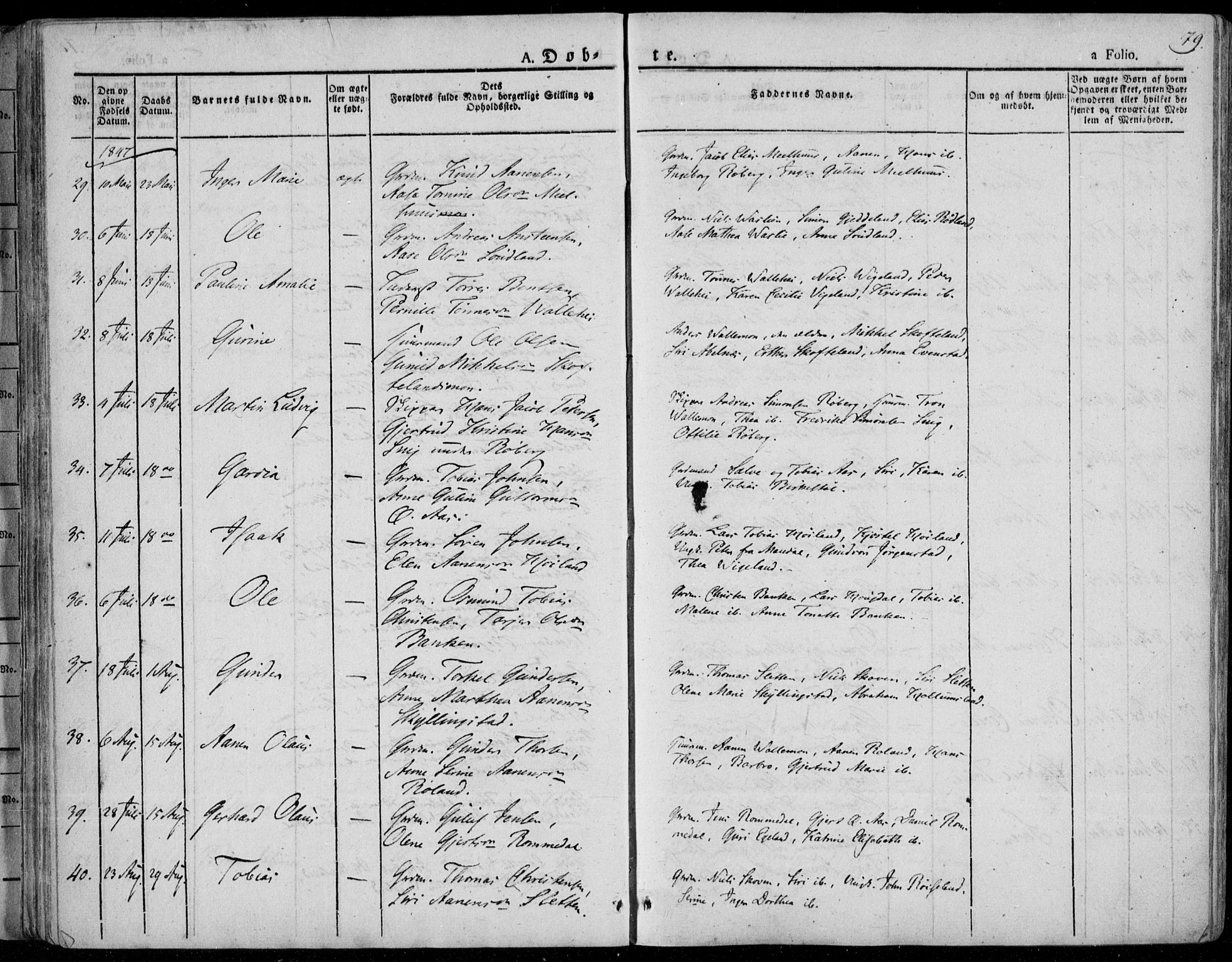 Sør-Audnedal sokneprestkontor, SAK/1111-0039/F/Fa/Fab/L0006: Parish register (official) no. A 6, 1829-1855, p. 79