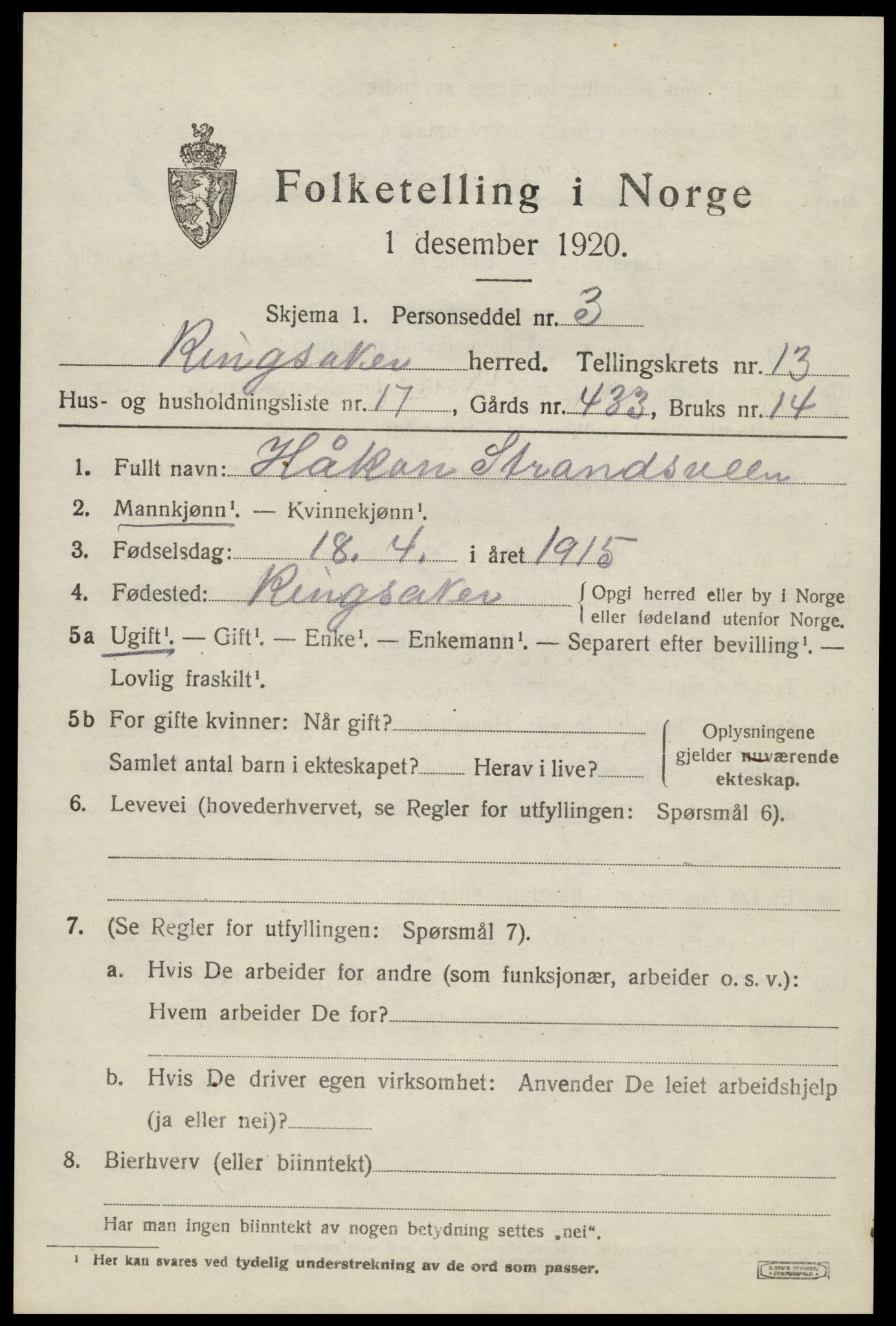 SAH, 1920 census for Ringsaker, 1920, p. 20856