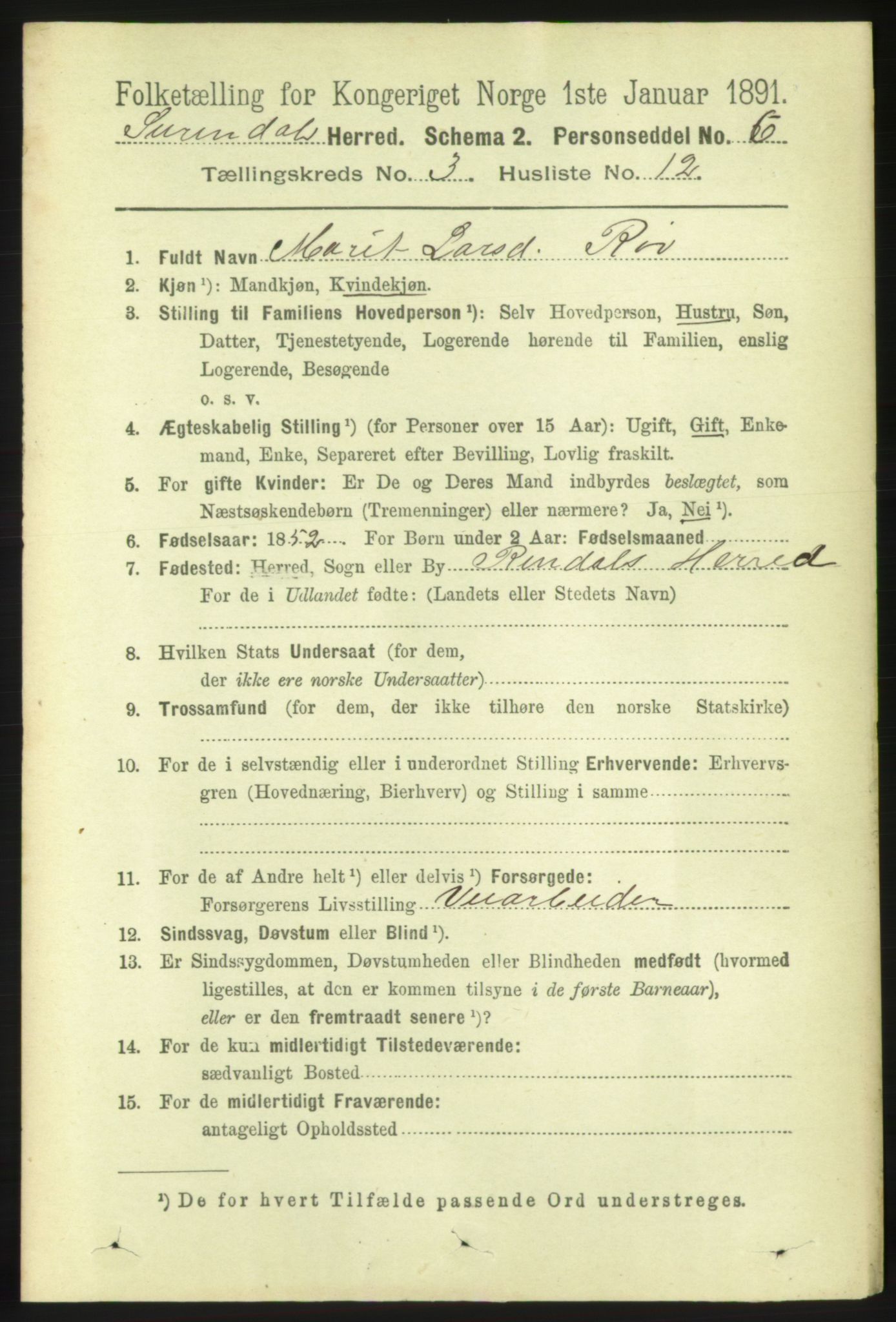 RA, 1891 census for 1566 Surnadal, 1891, p. 858