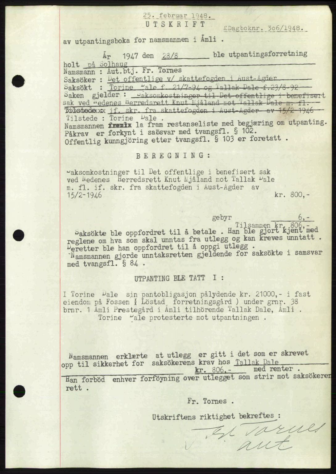 Nedenes sorenskriveri, SAK/1221-0006/G/Gb/Gba/L0058: Mortgage book no. A10, 1947-1948, Diary no: : 306/1948