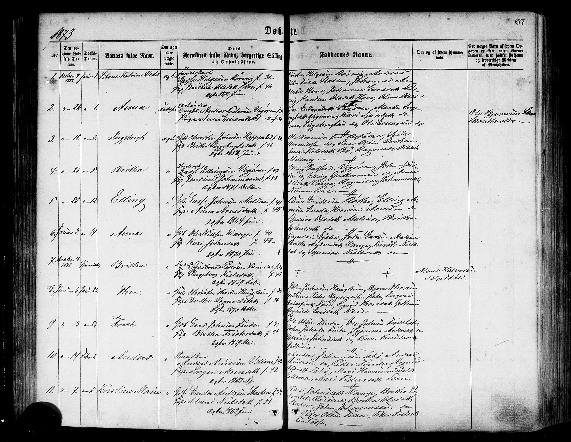 Vik sokneprestembete, AV/SAB-A-81501/H/Haa/Haaa/L0009: Parish register (official) no. A 9, 1866-1877, p. 67