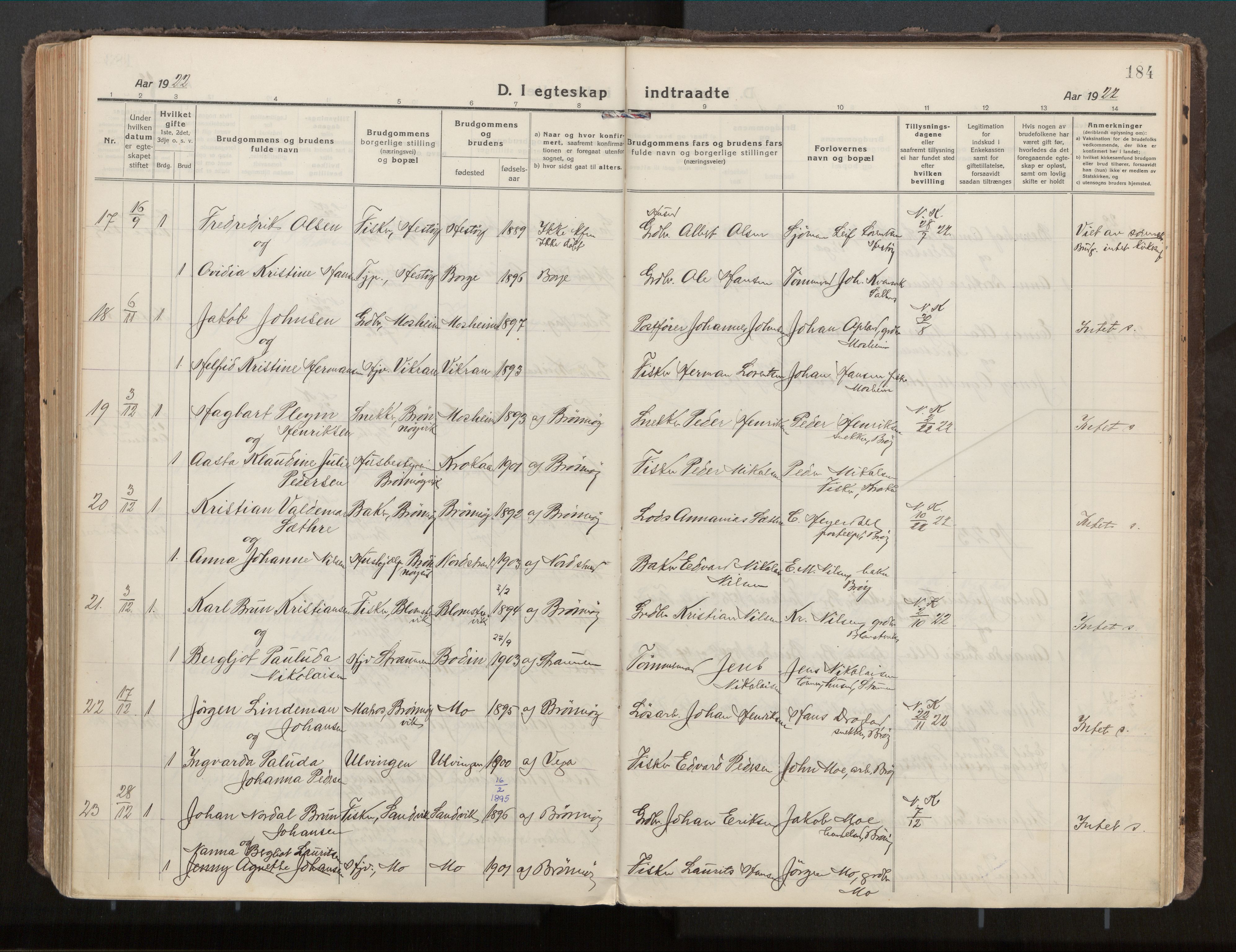 Ministerialprotokoller, klokkerbøker og fødselsregistre - Nordland, SAT/A-1459/813/L0207a: Parish register (official) no. 813A18, 1919-1927, p. 184