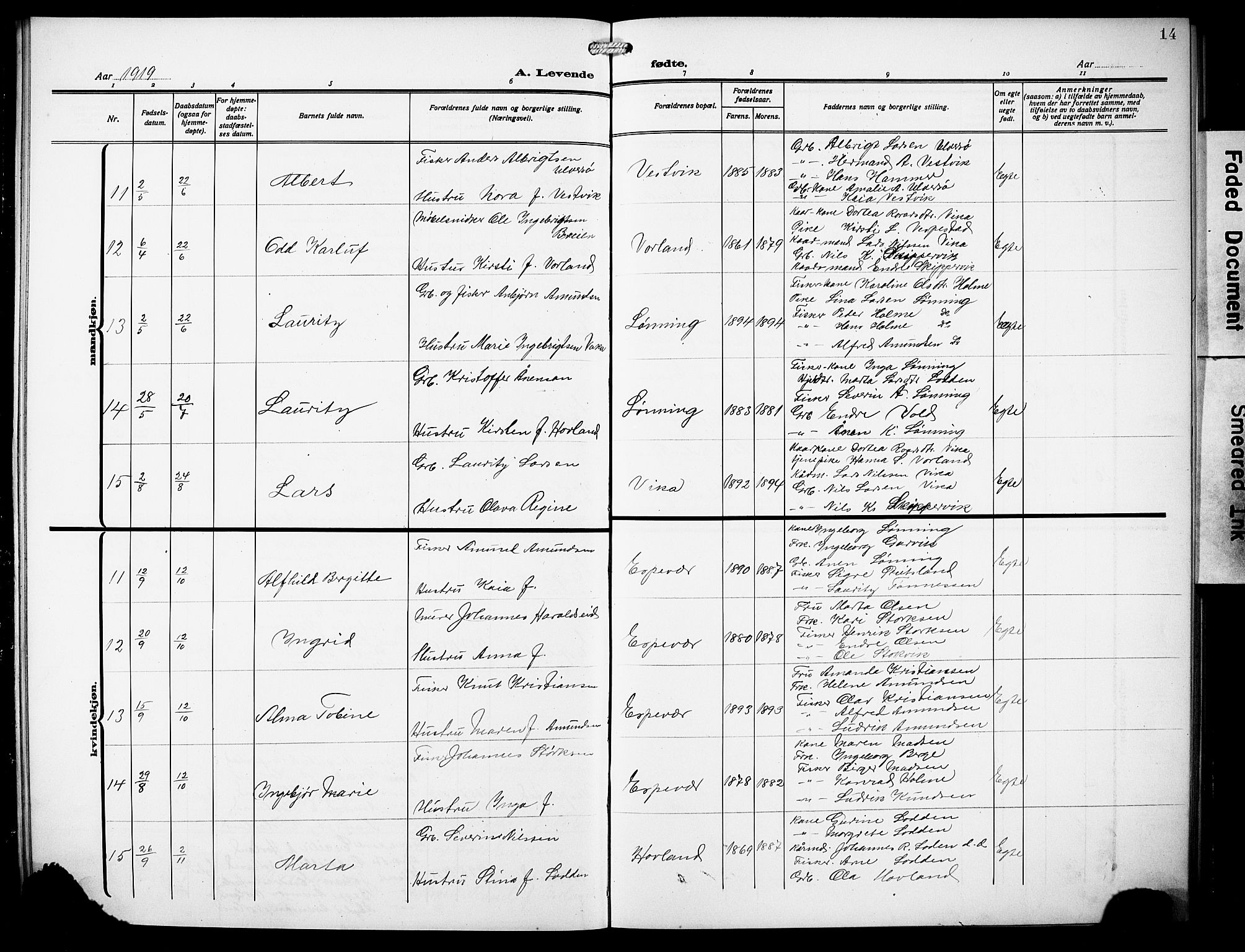 Finnås sokneprestembete, AV/SAB-A-99925/H/Ha/Hab/Habc/L0004: Parish register (copy) no. C 4, 1917-1931, p. 14