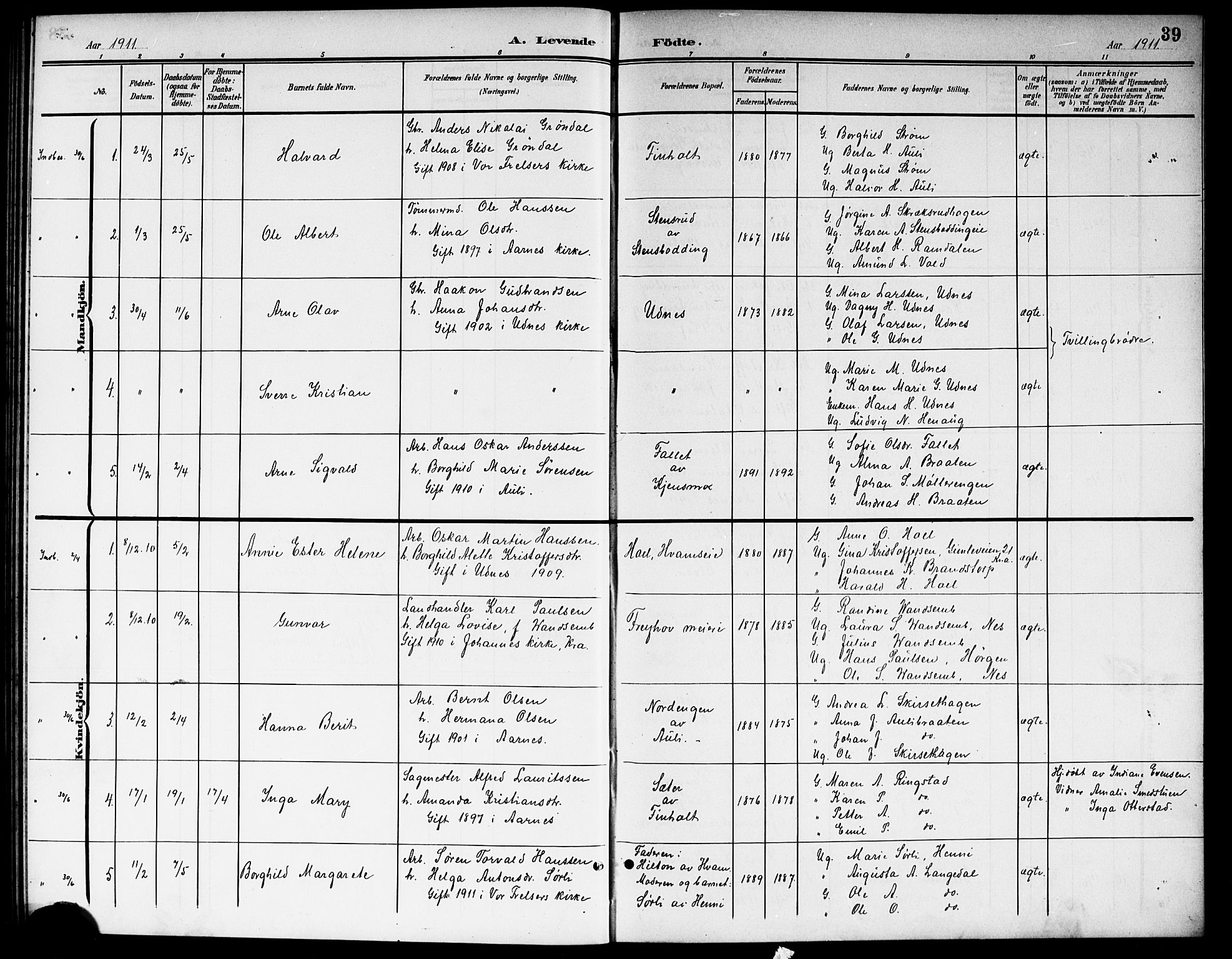 Nes prestekontor Kirkebøker, AV/SAO-A-10410/G/Gb/L0001: Parish register (copy) no. II 1, 1901-1917, p. 39