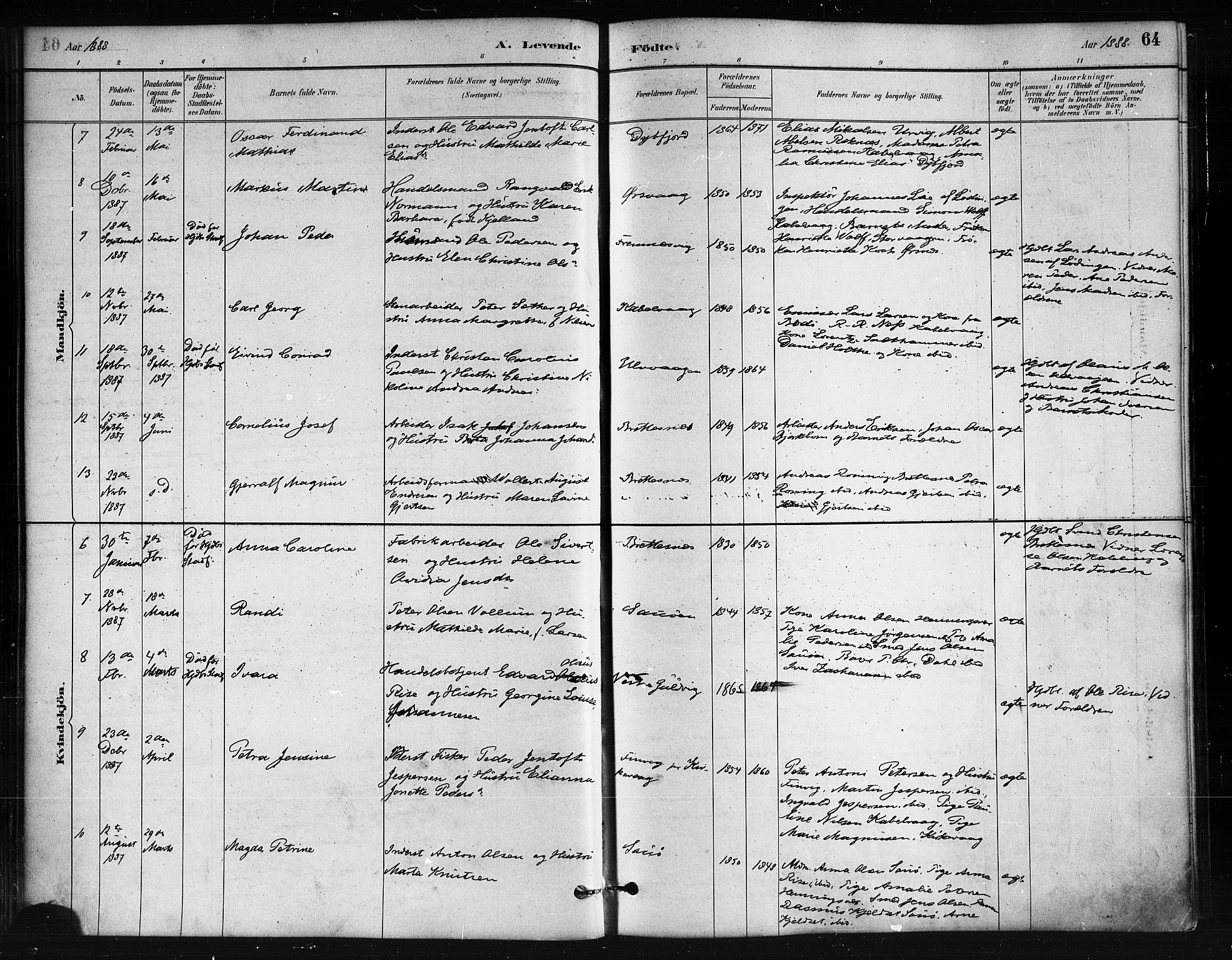 Ministerialprotokoller, klokkerbøker og fødselsregistre - Nordland, AV/SAT-A-1459/874/L1059: Parish register (official) no. 874A03, 1884-1890, p. 64