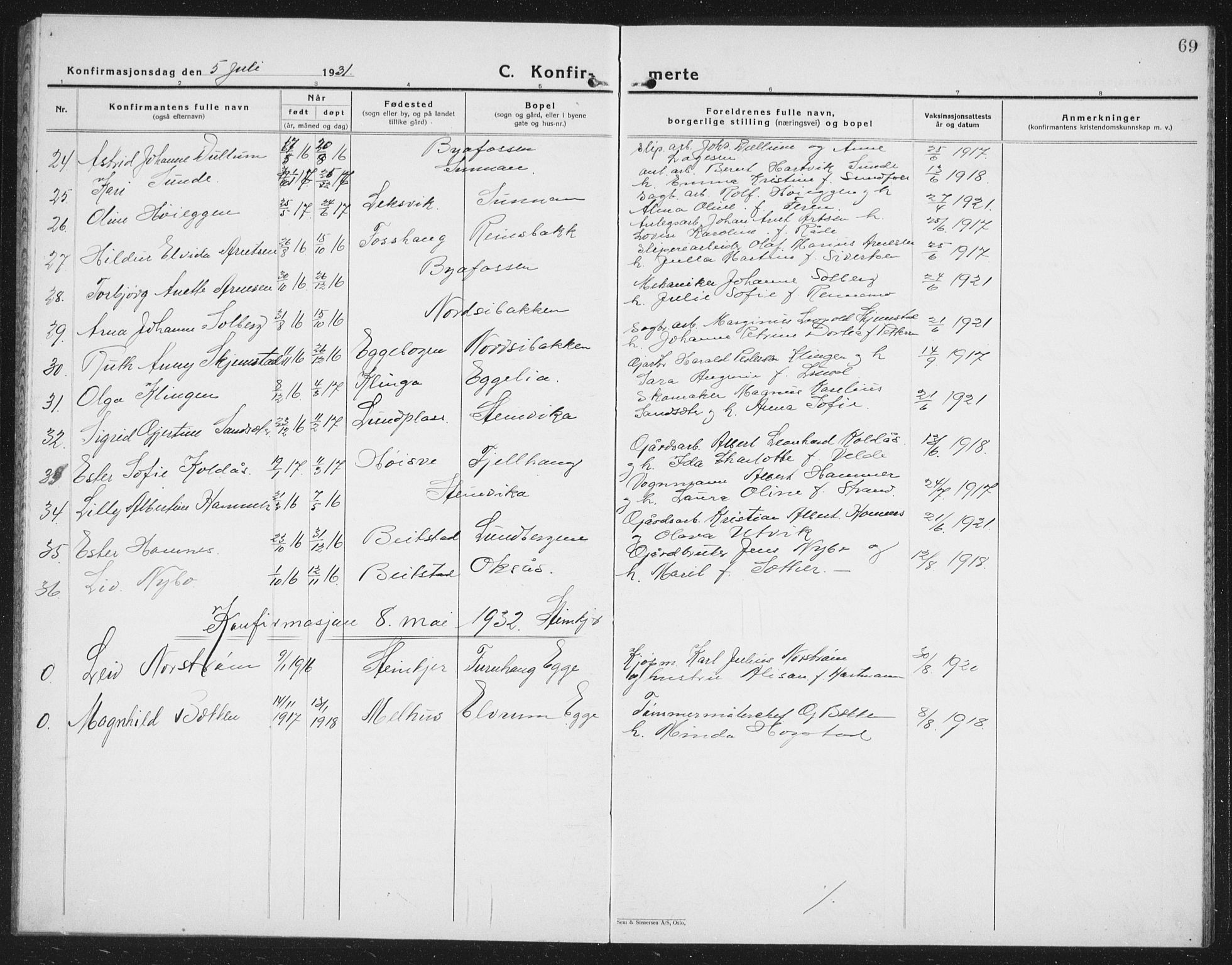 Ministerialprotokoller, klokkerbøker og fødselsregistre - Nord-Trøndelag, SAT/A-1458/740/L0383: Parish register (copy) no. 740C04, 1927-1939, p. 69