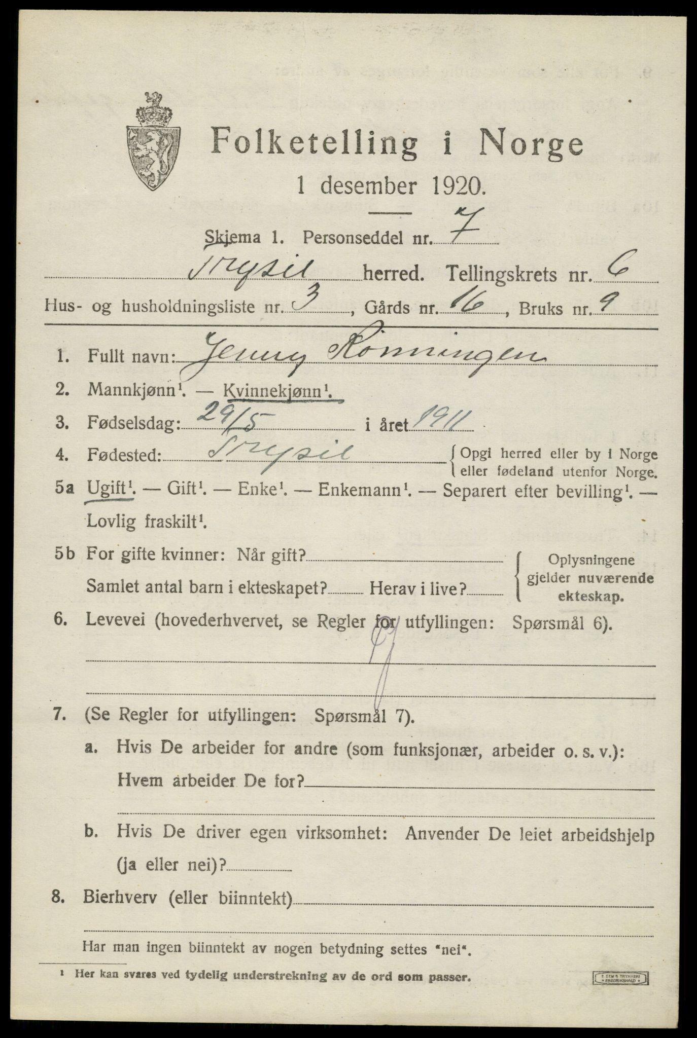 SAH, 1920 census for Trysil, 1920, p. 4579