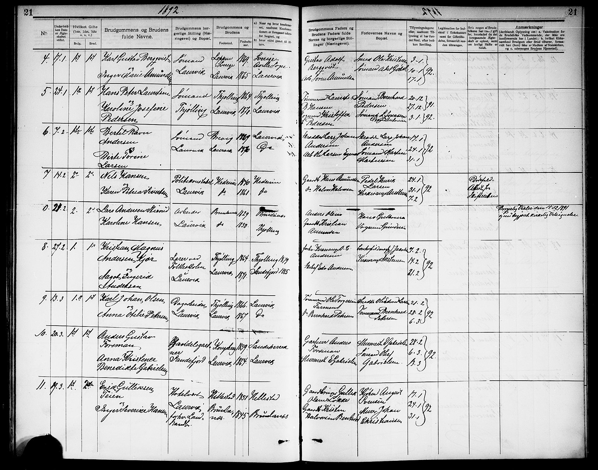 Larvik kirkebøker, SAKO/A-352/G/Ga/L0006: Parish register (copy) no. I 6, 1888-1917, p. 21