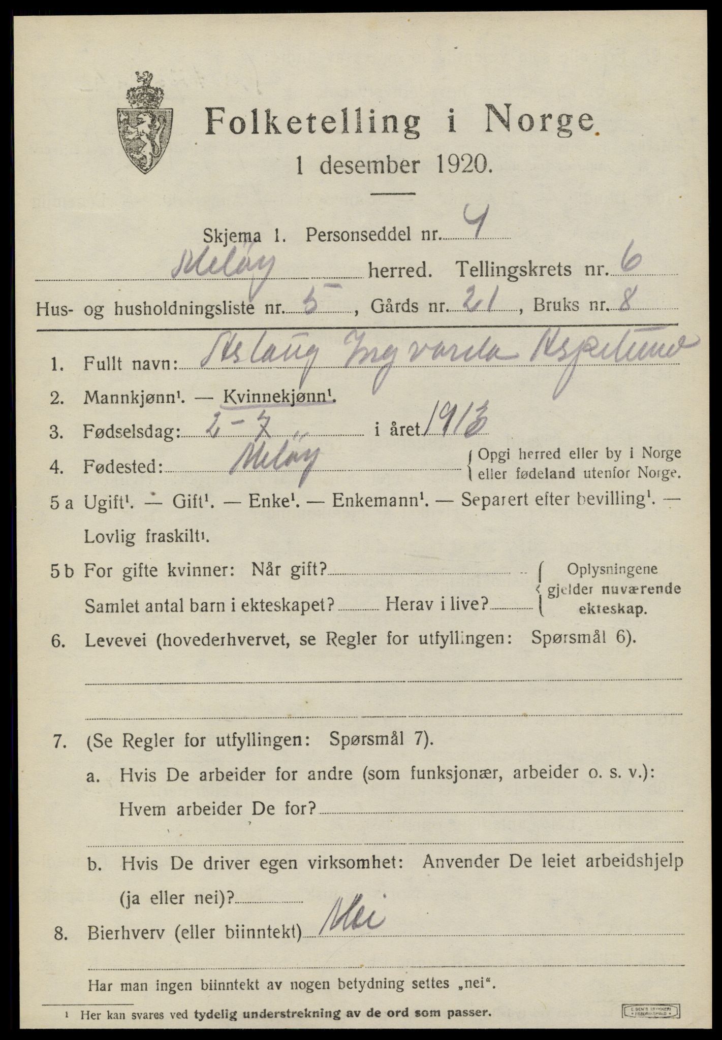 SAT, 1920 census for Meløy, 1920, p. 3457