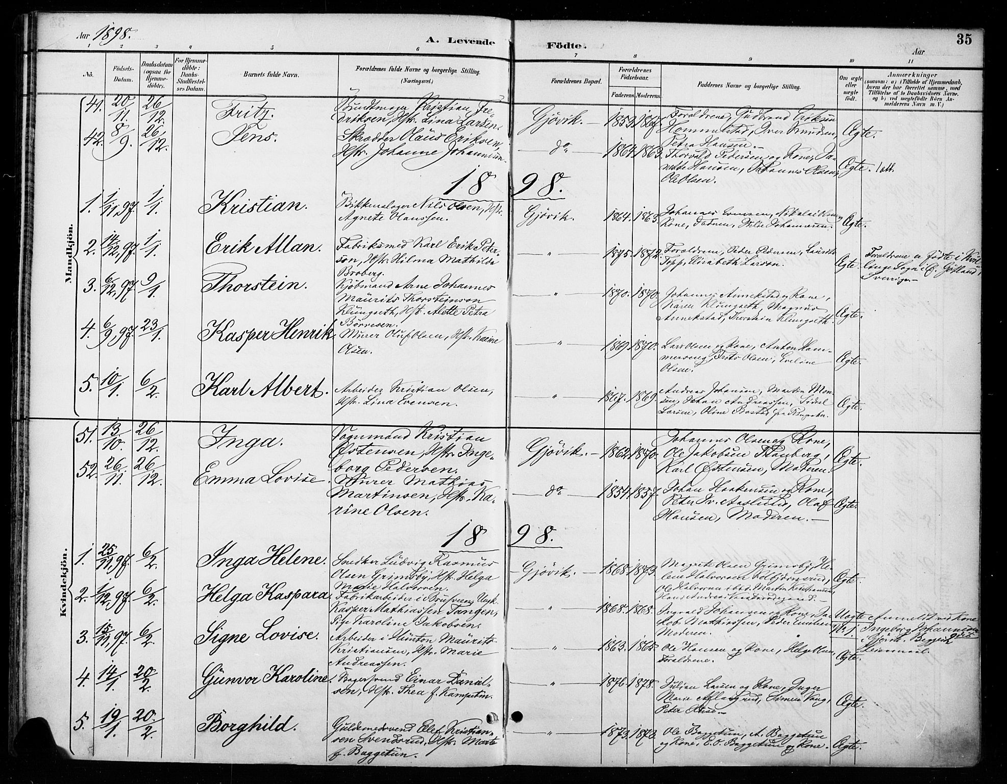 Vardal prestekontor, SAH/PREST-100/H/Ha/Haa/L0011: Parish register (official) no. 11, 1891-1901, p. 35