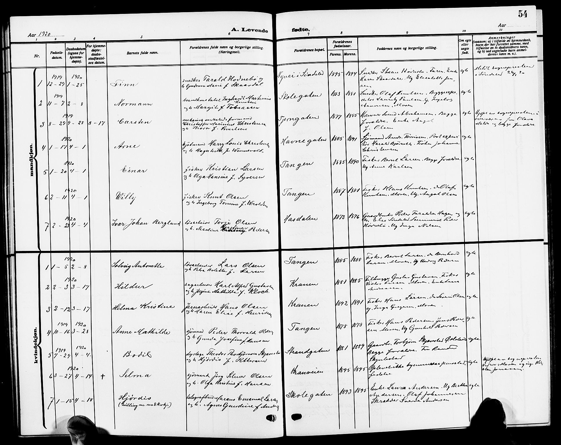 Risør sokneprestkontor, AV/SAK-1111-0035/F/Fb/L0008: Parish register (copy) no. B 8, 1909-1921, p. 54