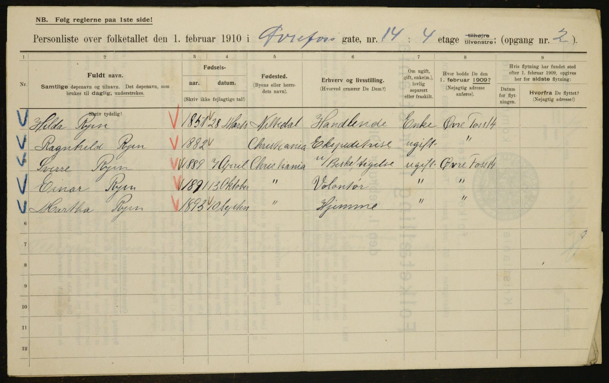 OBA, Municipal Census 1910 for Kristiania, 1910, p. 123011